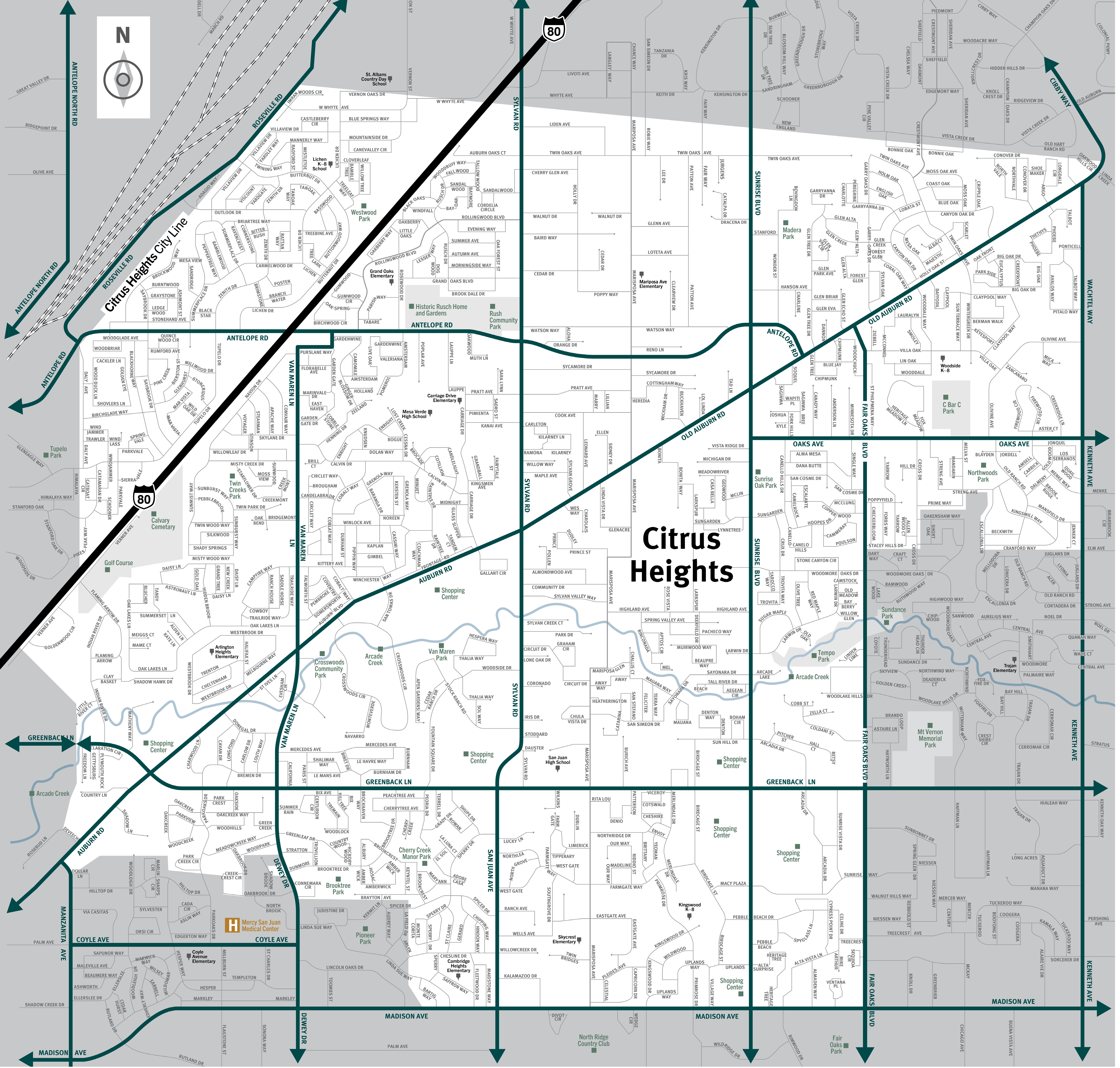 This is a map of the city of Citrus Heights located in the northeast region of Sacramento County.  This city contains eleven evacuation zones: Birdcage Heights, Arcade Creek, Northwest, Rusch Park, CHANT, Sunrise Ranch, three zones in CHASEN, SOAR, and Park Oaks.  Significant landmarks are the Historic Rusch Home and Gardens, C Bar C Park, Calvary Cemetery, Van Maren Park, San Juan High School, Northwoods Park, Brooktree Park, and Skycrest Elementary School.  There are no train tracks.  Major east and west evacuation routes are Antelope Road, Oaks Avenue, Old Auburn Road, and Greenback Lane. Major north and south evacuation routes are Van Maren Lane, Sylvan Road, Sunrise Boulevard, Fair Oaks Boulevard, and Kenneth Avenue.  For additional information specific to Citrus Heights please contact your city at (916) 725-2448.