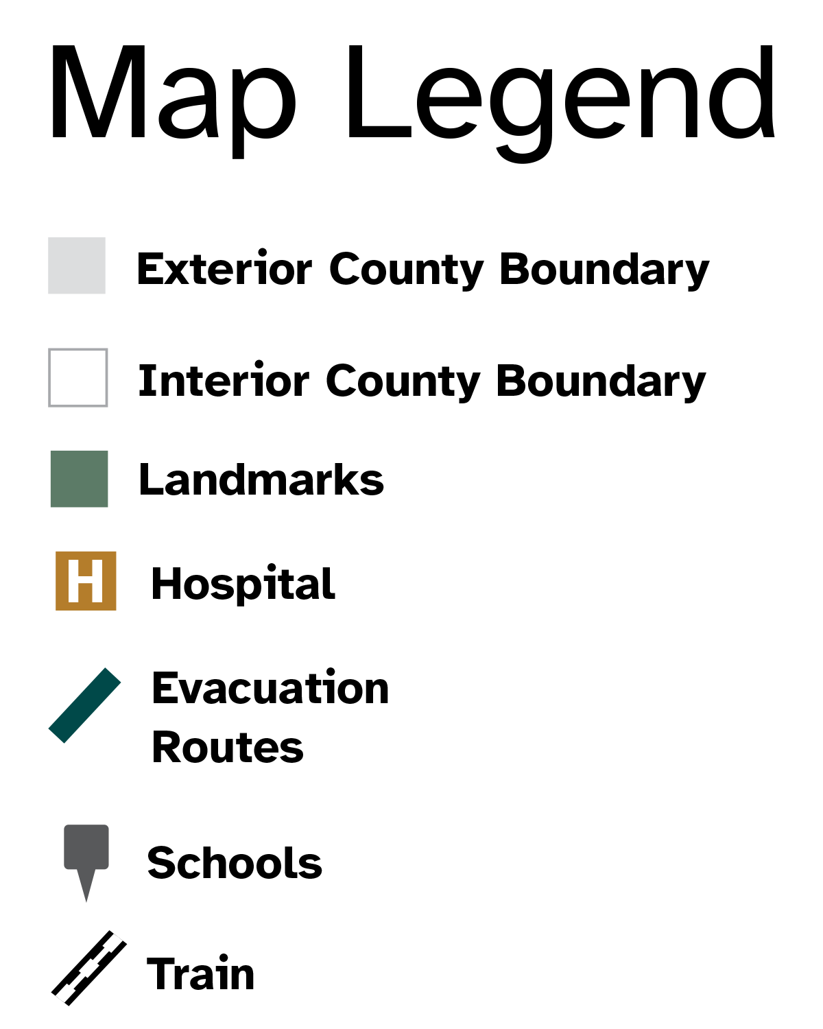 Map Legend for exterior zones, interior zone boundaries, landmarks, schools, evacuation routes, bus routes and light rail.