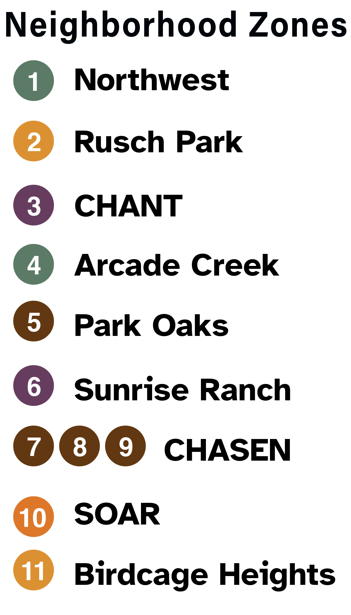 Map Legend for neighborhood zones (mapping to the evacuation zones)