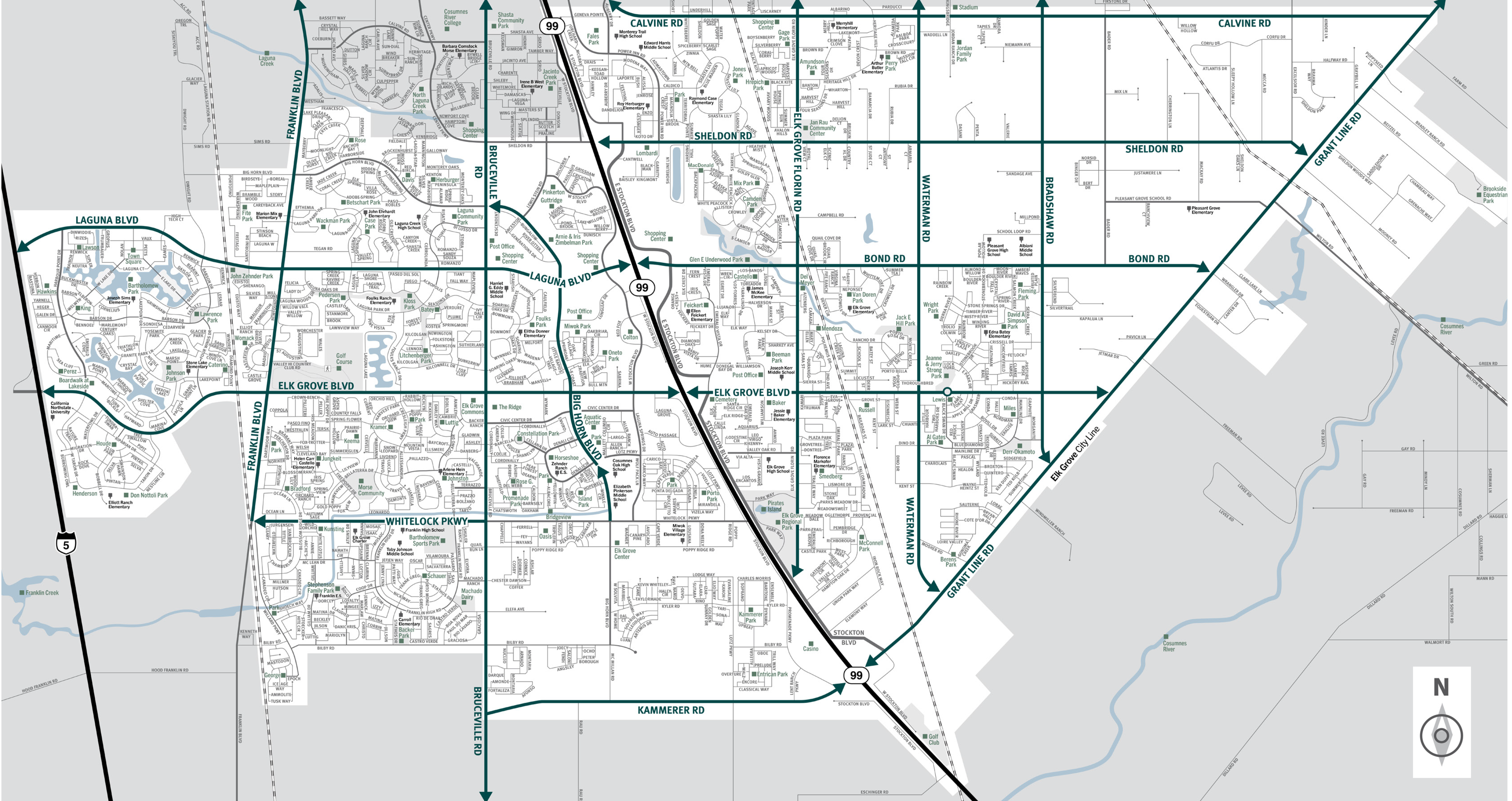 This is a map of the city of Elk Grove located in the central region of Sacramento County.  This city contains five zones, which includes the neighborhoods of Laguna Woods, Sheldon North, and Heritage Oaks.  Significant landmarks are Boardwalk at Lakeside, Wackman Park, Elk Grove Commons, Stephenson Family Park, Kammerer Park, Oneto Park, Amundson Park, Wright Park, and Al Gates Park.  There are train tracks in the eastern, central, and western regions of the city.  Major east and west evacuation routes are Calvine Road, Sheldon Road, Bond Road, Laguna Boulevard, Elk Grove Boulevard, Whitelock Parkway, Kammerer Road and Grant Line Road.  Major north and south evacuation routes are Interstate 5, Highway 99, Bruceville Road, Franklin Boulevard, Elk Grove Florin Road, Waterman Road, and Bradshaw Road.  For additional information specific to Elk Grove please contact the city at (916) 691-2489.