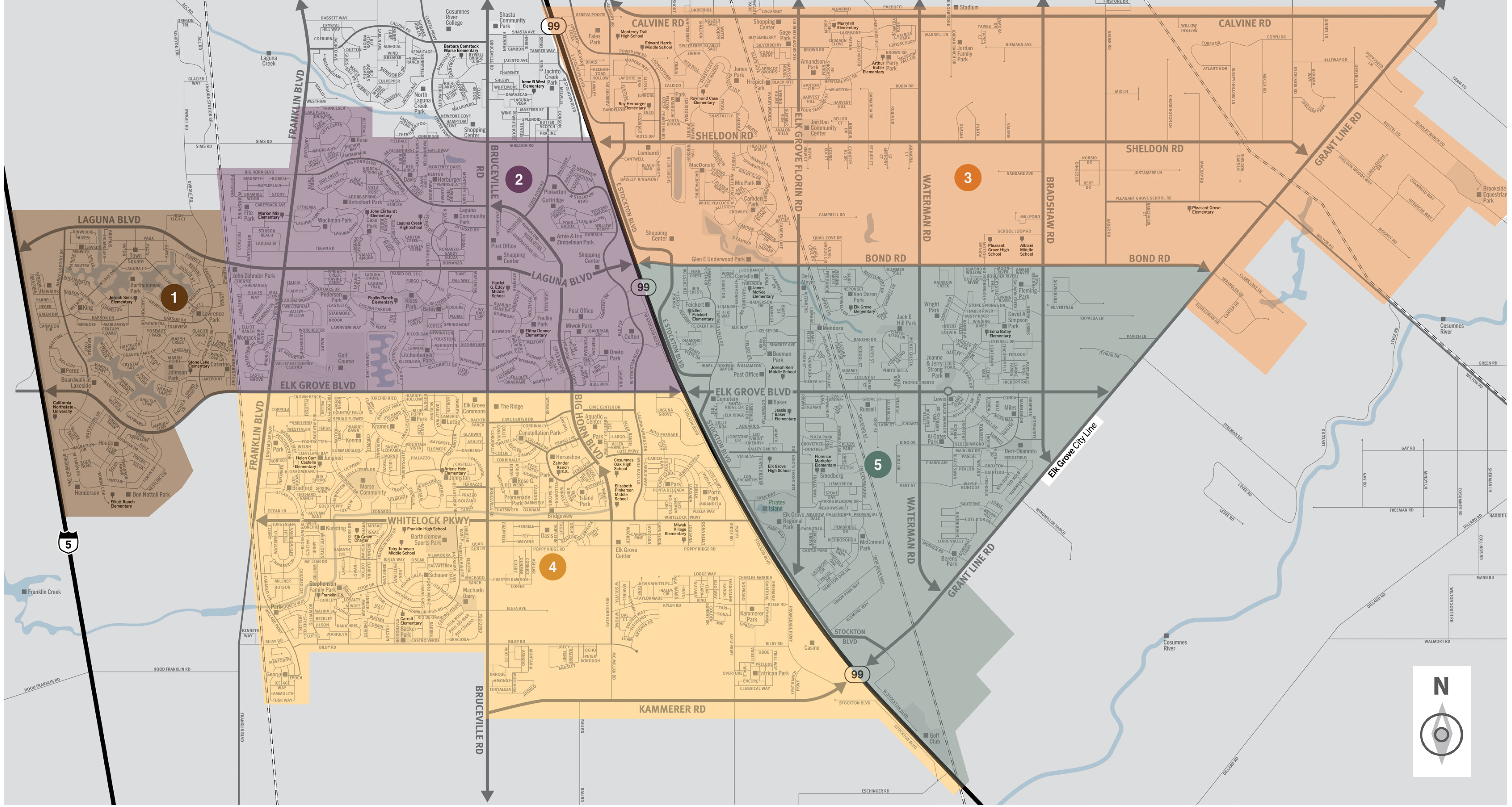 This is a map of the city of Elk Grove located in the central region of Sacramento County.  This city contains five zones, which includes the neighborhoods of Laguna Woods, Sheldon North, and Heritage Oaks.  Significant landmarks are Boardwalk at Lakeside, Wackman Park, Elk Grove Commons, Stephenson Family Park, Kammerer Park, Oneto Park, Amundson Park, Wright Park, and Al Gates Park.  There are train tracks in the eastern, central, and western regions of the city.  Major east and west evacuation routes are Calvine Road, Sheldon Road, Bond Road, Laguna Boulevard, Elk Grove Boulevard, Whitelock Parkway, Kammerer Road and Grant Line Road.  Major north and south evacuation routes are Interstate 5, Highway 99, Bruceville Road, Franklin Boulevard, Elk Grove Florin Road, Waterman Road, and Bradshaw Road.  For additional information specific to Elk Grove please contact the city at (916) 691-2489.