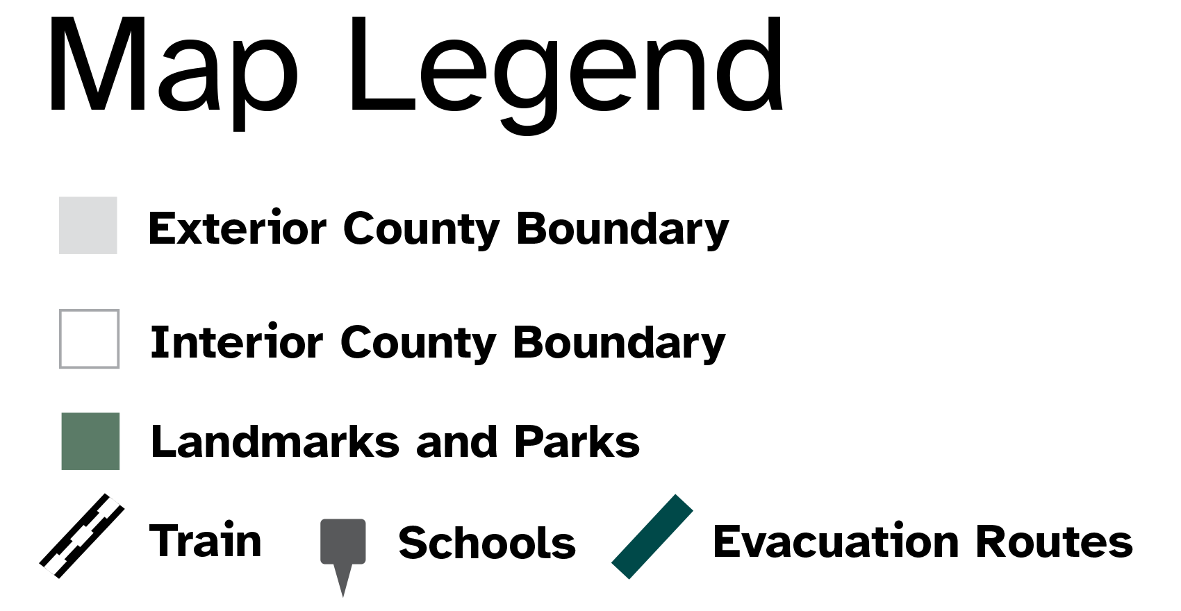 Map Legend for exterior zones, interior zone boundaries, landmarks, schools, evacuation routes, bus routes and light rail.