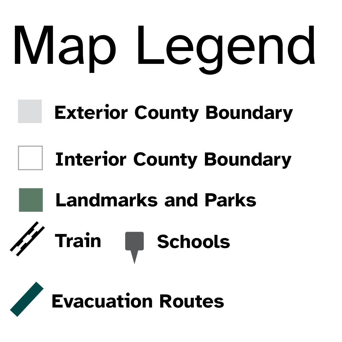 Map Legend for boundaries, including landmarks, schools, trains and evacuation routes