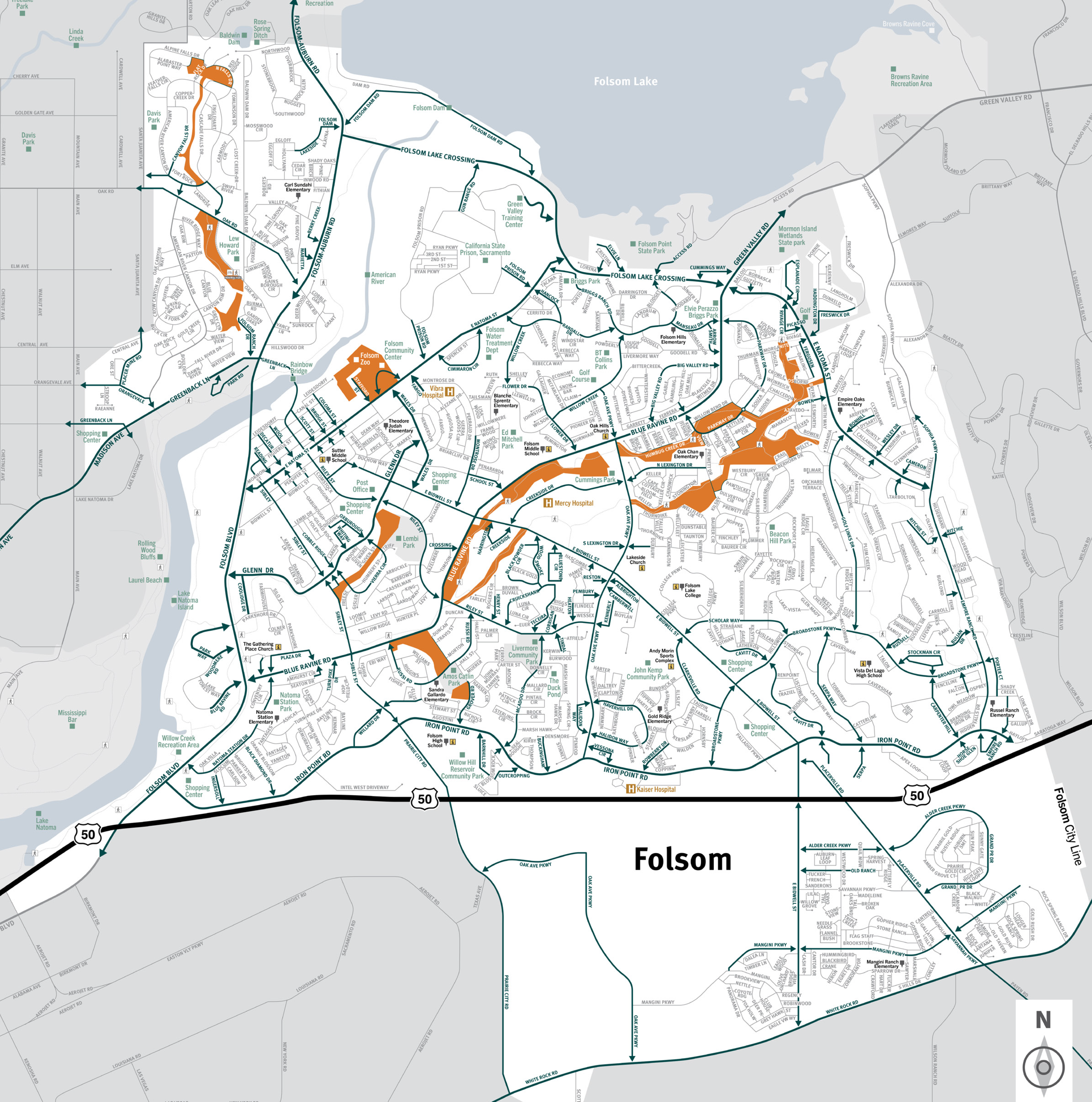 This is a map of the city of Folsom located in the northeastern region of Sacramento County.  This city contains thirty-six zones, which includes the neighborhoods of Prairie Oaks, Folsom Ranch, and Cobble Ridge.  Significant landmarks are Davis Park, California State Prison, Willow Creek Recreation Area, Folsom Lake College, Vista Del Lago High School, Willow Hill Reservoir Community Park, and Mangini Ranch Elementary School.  Major east and west evacuation routes include Highway 50, Madison Avenue, Blue Ravine Road, Folsom Lake Crossing, and East Bidwell Street.  Major north and south evacuation routes are Folsom Boulevard, Folsom-Auburn Road, East Bidwell Street, East Natomas Street, and Green Valley Road.  For additional information specific to Folsom please contact the city at (916) 355-7200.
