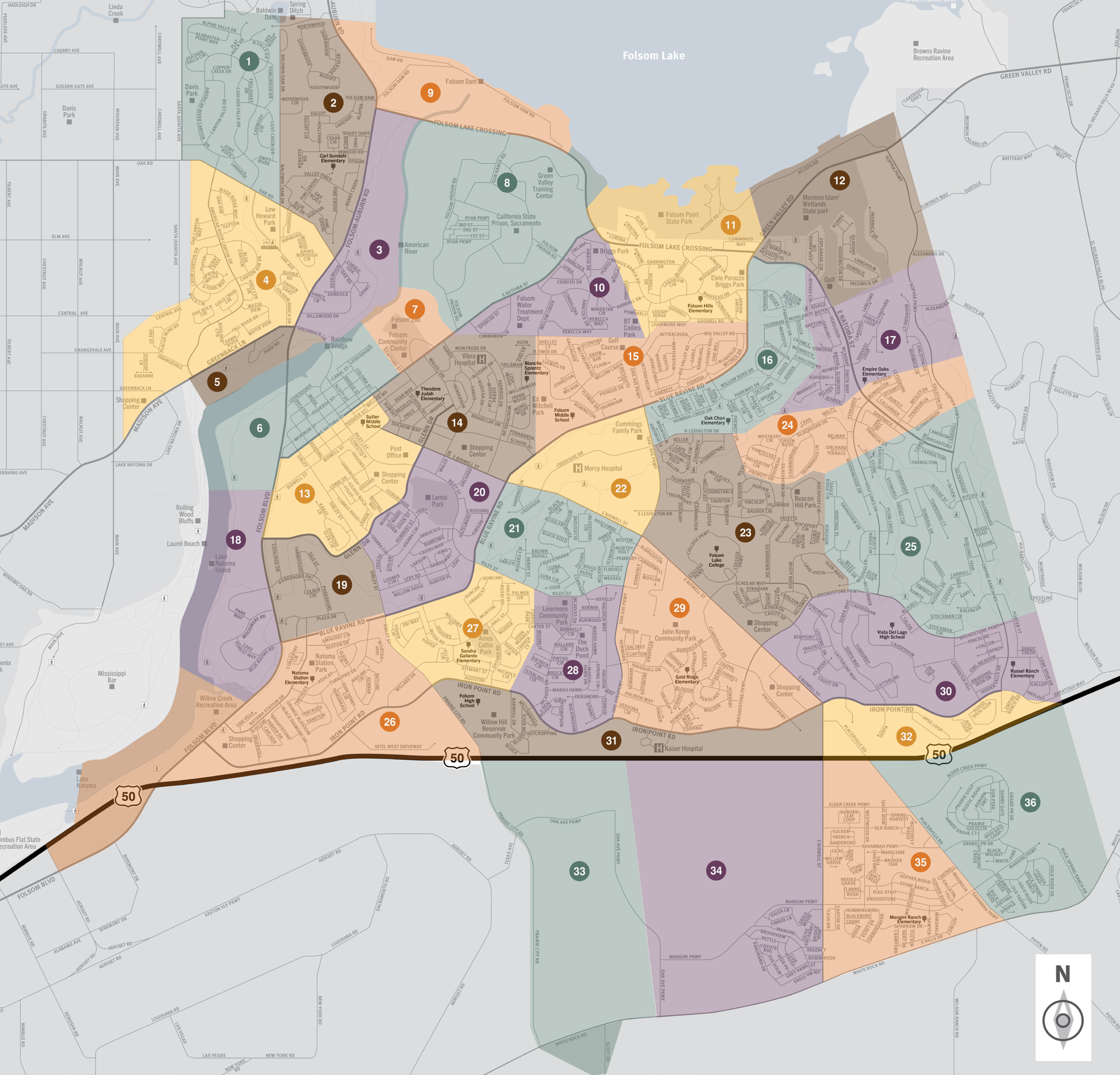 This is a map of the city of Folsom located in the northeastern region of Sacramento County.  This city contains thirty-six zones, which includes the neighborhoods of Prairie Oaks, Folsom Ranch, and Cobble Ridge.  Significant landmarks are Davis Park, California State Prison, Willow Creek Recreation Area, Folsom Lake College, Vista Del Lago High School, Willow Hill Reservoir Community Park, and Mangini Ranch Elementary School.  Major east and west evacuation routes include Highway 50, Madison Avenue, Blue Ravine Road, Folsom Lake Crossing, and East Bidwell Street.  Major north and south evacuation routes are Folsom Boulevard, Folsom-Auburn Road, East Bidwell Street, East Natomas Street, and Green Valley Road.  For additional information specific to Folsom please contact the city at (916) 355-7200.