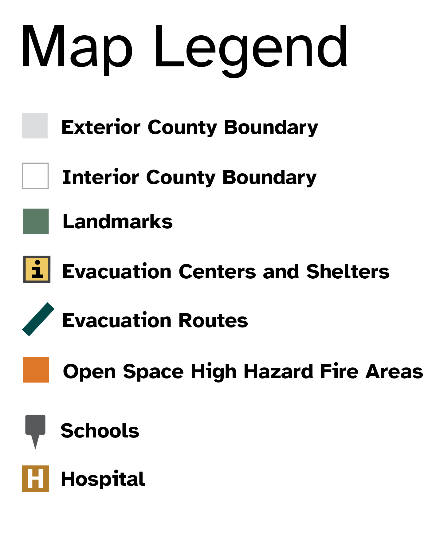 Map Legend for exterior zones, interior zone boundaries, landmarks, schools, evacuation routes, bus routes and light rail.