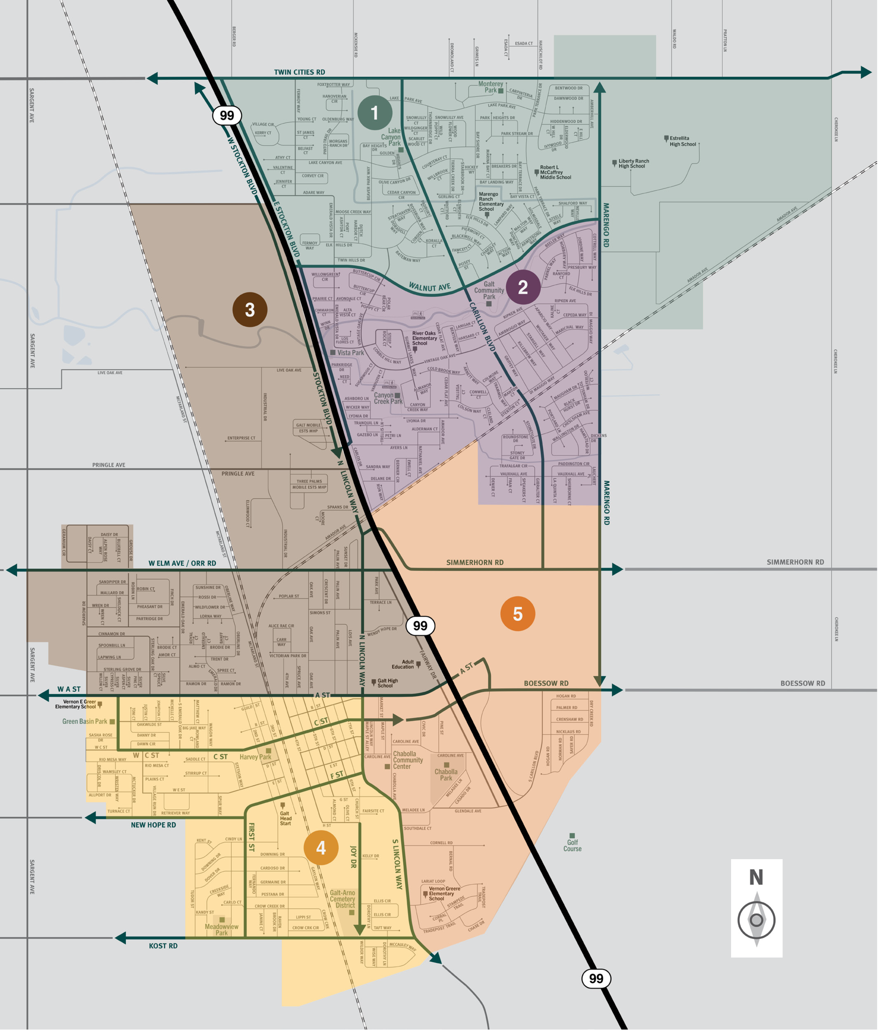 This is a map of the city of Galt located in the southern region of Sacramento County.  This city contains five zones, which includes the neighborhoods of Wilder Way, North Galt, and River Oaks.  Significant landmarks are Lake Canyon Park, Estrella High School, Canyon Creek Park, Vernon E. Greer Elementary School, and Meadow View Park.  Major east and west evacuation routes are Twin Cities Road, Walnut Avenue, West Elm Avenue and Orr Road, Simmerhorn Road, West A Street, New Hope Road, and Kost Road.  Major north and south evacuation routes are Highway 99, North Lincoln Way, Marengo Road, and Carillion Boulevard.  For additional information specific to Galt please contact the city at (209) 366-7130.​