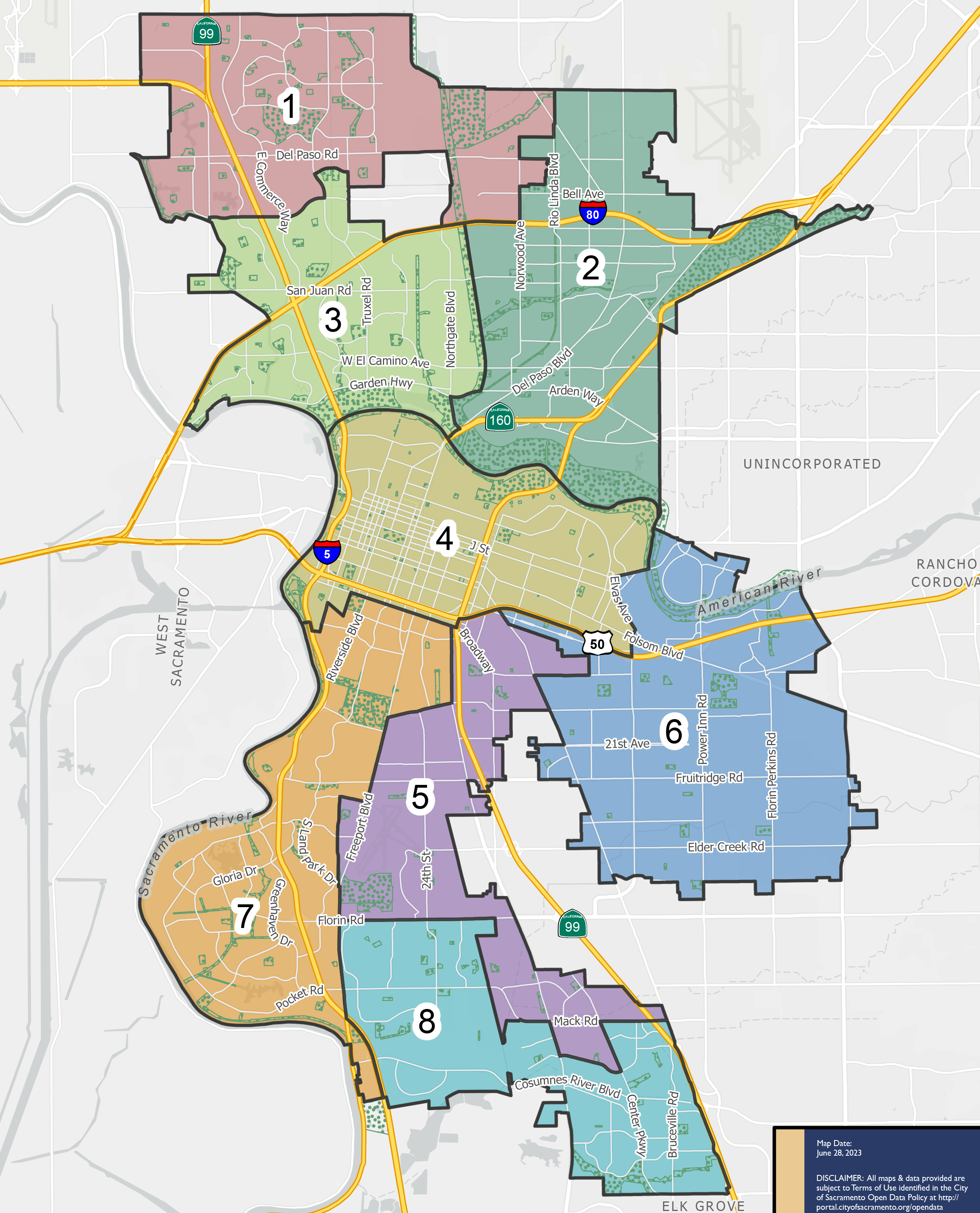 This is a map of the city of Sacramento located in the western region of Sacramento County.  This city contains eight zones, which includes the neighborhoods of Land Park, Pocket, North Highlands, and Greenhaven.  Significant landmarks are California Exposition Center, Sacramento City College, Sacramento State University, Sacramento Zoo, Sacramento Executive Airport, American River Parkway, Discovery Park, American River, and the Sacramento River.  Major east and west evacuation routes are Interstate 80, Highway 50.  Major north and south evacuation routes are Interstate 5 and Highway 99.  For additional information specific to Sacramento please call the city at (916) 808-7212.​