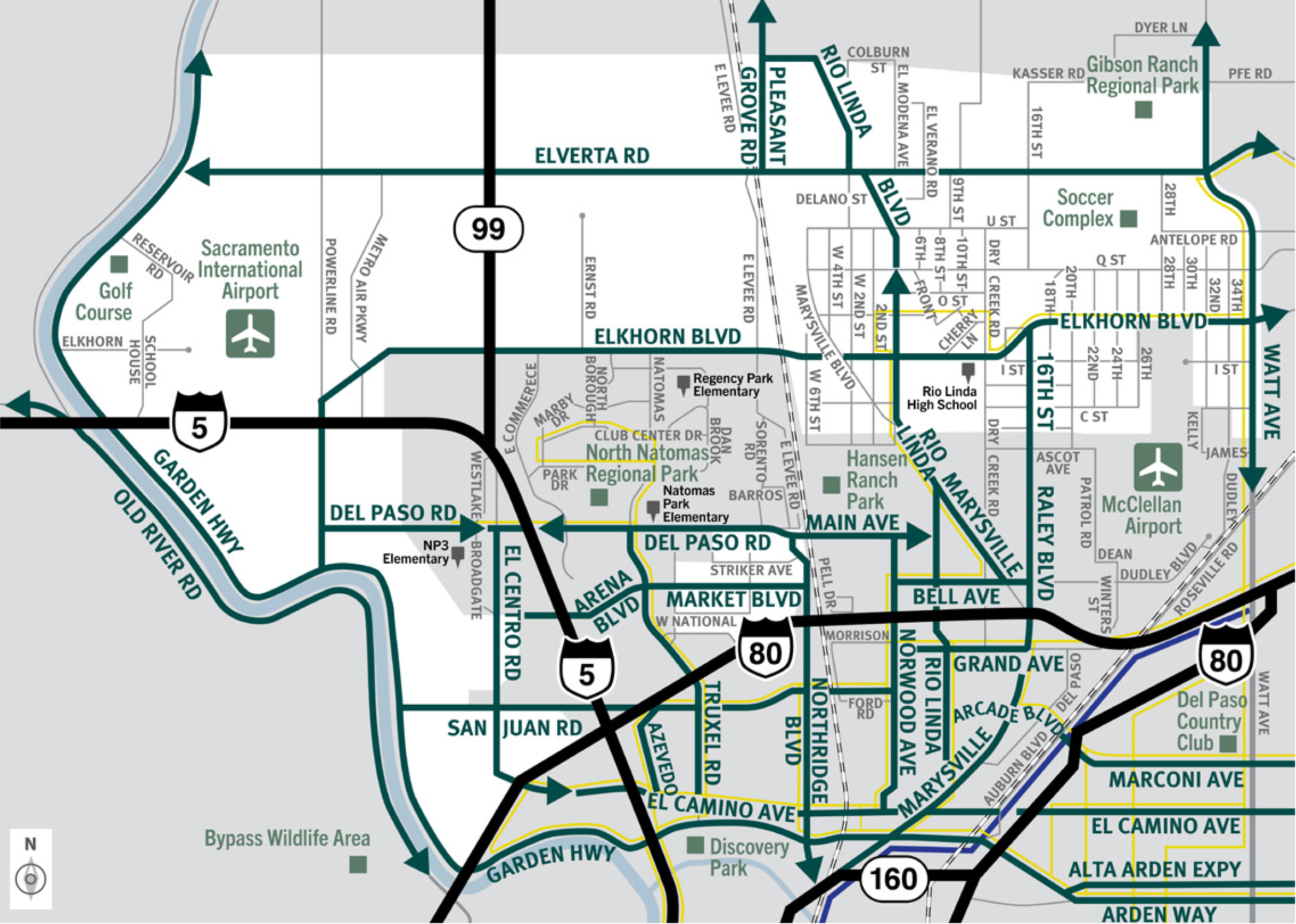 This is a map of Sacramento County evacuation zone number 11, called Rio Linda and Garden Highway.  It is in the northwest region of the county and is bordered by the Sacramento River to the west, the Sacramento and Sutter County border to the north, Watt Ave to the east, and Elkhorn Boulevard to the south.  The far west side of the zone extends south to Interstate 80 and west of Interstate 5.  Significant landmarks within this zone are the Sacramento International Airport and Gibson Ranch Regional Park.  There are train tracks running north and south through the middle of the zone and local bus routes in the southwest portion of the zone.  Major east and west evacuation routes are Interstate 5, Elverta Road, and Elkhorn Boulevard.  North and south evacuation routes are Highway 99, Interstate 5, Rio Linda Boulevard, and Watt Avenue.