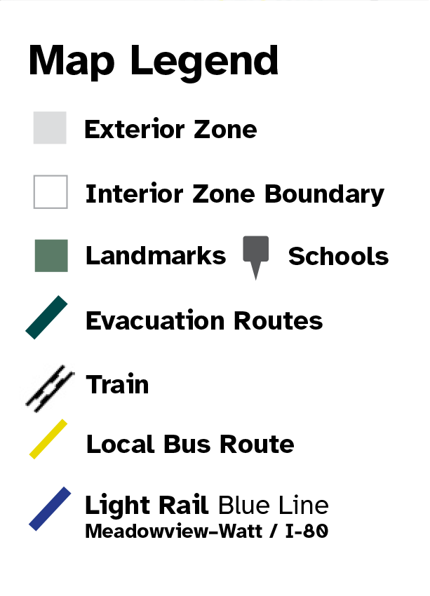 Map Legend for exterior zones, interior zone boundaries, landmarks, schools, evacuation routes, bus routes and light rail.