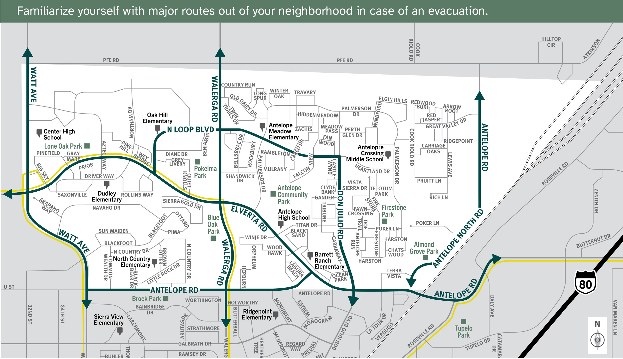 This is a map of Sacramento County evacuation zone number 12, called Antelope.  It is in the north central region of the county and is bordered by Watt Avenue to the west, the Sacramento and Placer County border to the north, Antelope Road and train tracks to the east, and Antelope Road to the south.  Significant landmarks within this zone are Pokelma Park, Lone Oak Park, Antelope Community Park, Firestone Park, and Almond Grove Park.  There are train tracks on the eastern boundary.  There are bus routes in the southwest portion of the zone.  Major east and west evacuation routes are Antelope Road, Elverta Road, and North Loop Boulevard.  North and south evacuation routes are Watt Avenue, Walerga Road, Don Julio Road, and Antelope Road.​