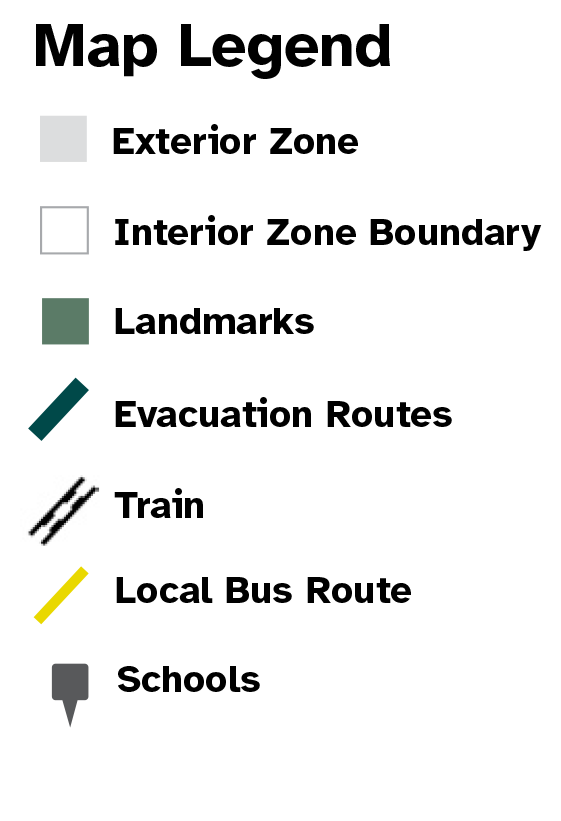Map Legend for exterior zones, interior zone boundaries, landmarks, schools, evacuation routes, bus routes and light rail.