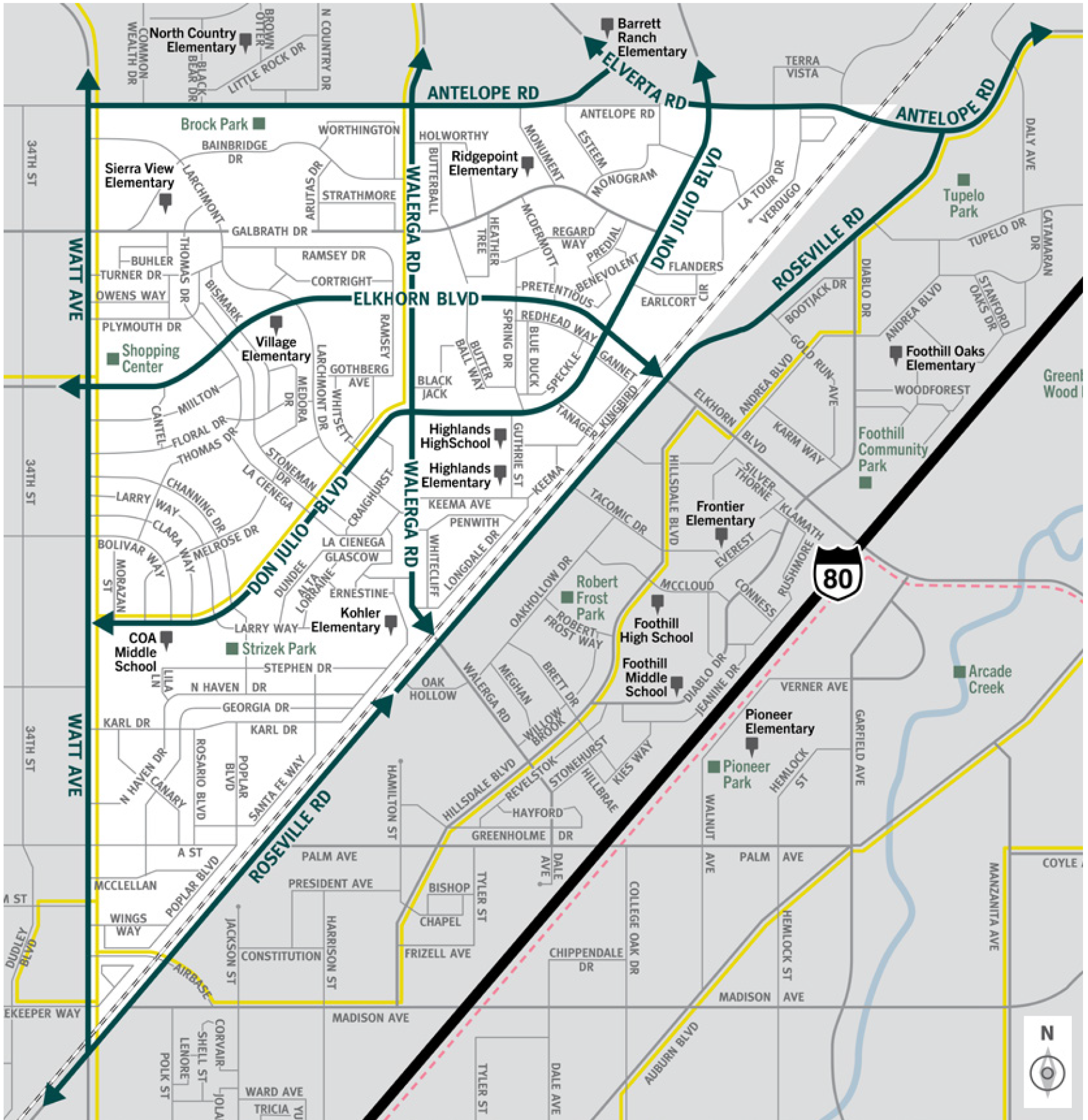 This is a map of Sacramento County evacuation zone number 13, called North Highlands.  It is in the north central region of the county and is bordered by Watt Avenue to the west, Antelope Road to the north, and Roseville Road to the east and south.  Significant landmarks within this zone are Brock Park and Strizek Park.  There are train tracks on the southern and eastern border of the zone and bus routes throughout the middle and western portion of the zone.  Major east and west evacuation routes are Antelope Road, Elkhorn Boulevard, Roseville Road, and Don Julio Boulevard.  North and south evacuation routes are Watt Avenue and Walerga Road.