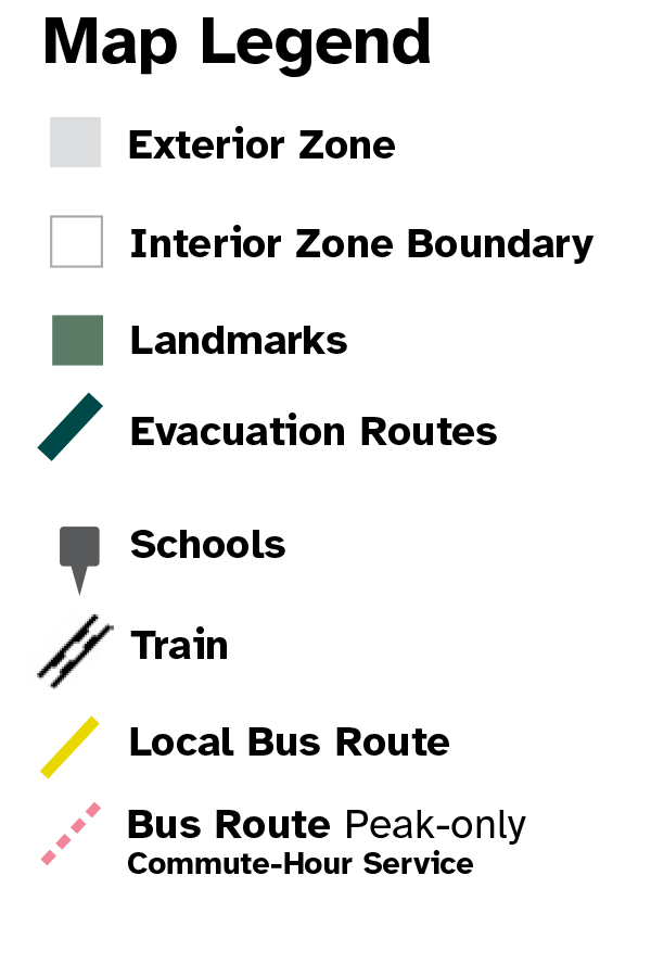 Map Legend for exterior zones, interior zone boundaries, landmarks, schools, evacuation routes, bus routes and light rail.