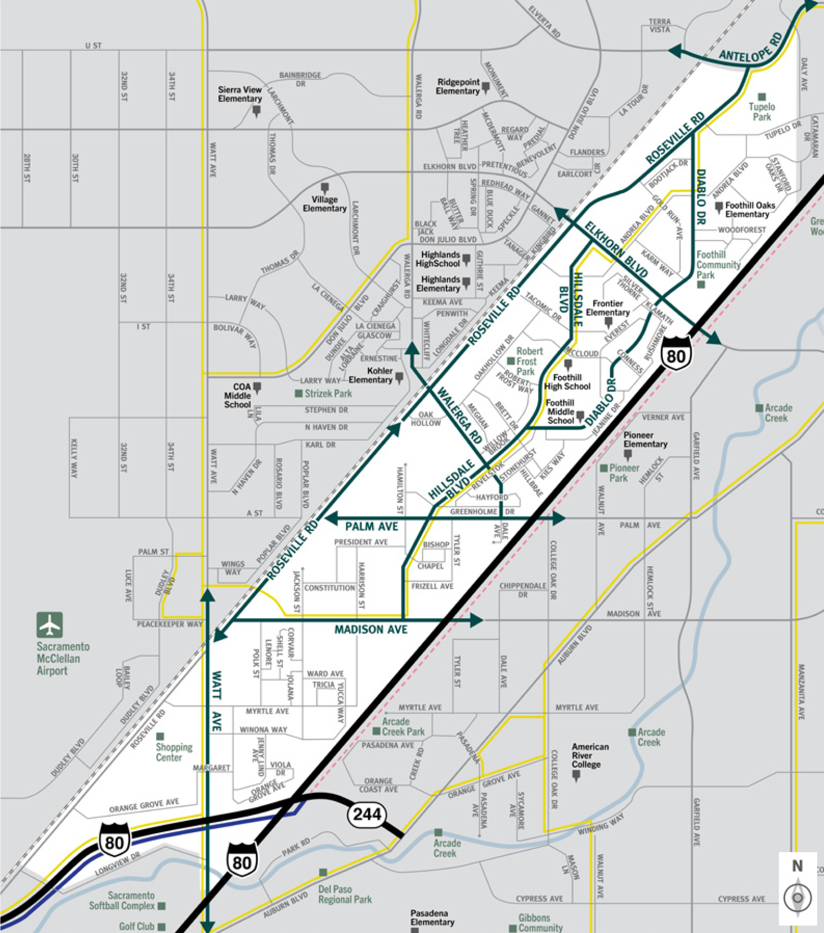 This is a map of Sacramento County evacuation zone number 14, called West Foothills Farm.  It is in the north central region of the county and is bordered by Roseville Road to the west, Antelope Road to the north, and interstate 80 to the east and south.  Significant landmarks within this zone are Robert Frost Park, Foothill Community Park, and Tupelo Park.  There are train tracks along the northern border and bus routes throughout the zone.  Major east and west evacuation routes are Palm Avenue, Roseville Road, Madison Avenue, and Interstate 80.  North and south evacuation routes are Watt Avenue, Walerga Road, Hillsdale Boulevard, Elkhorn Boulevard, and Diablo Drive.