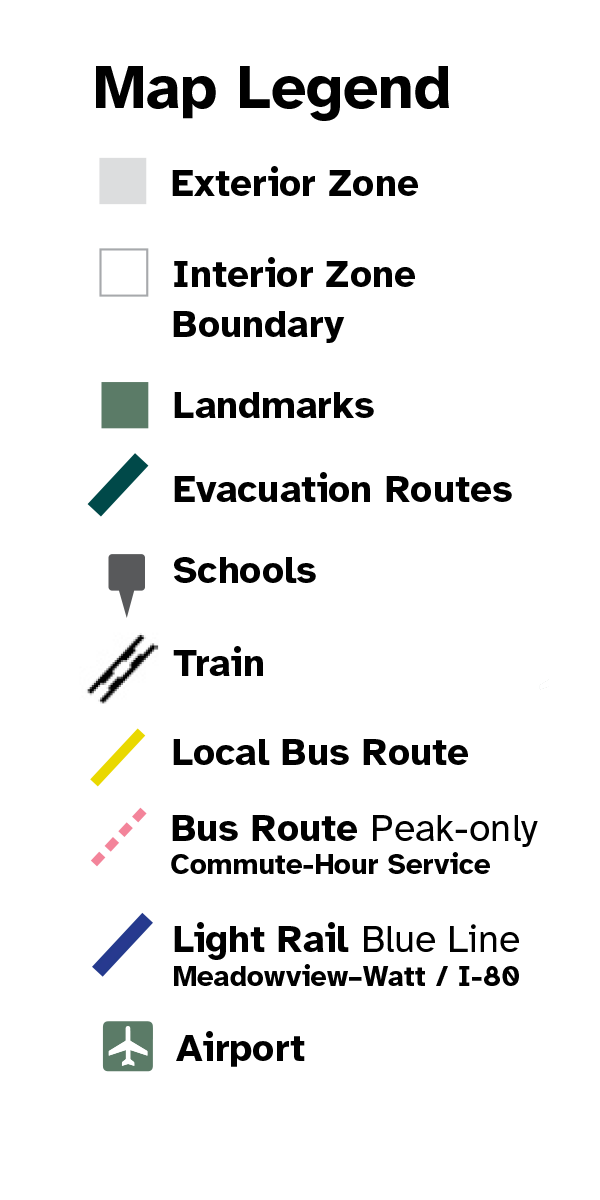 Map Legend for exterior zones, interior zone boundaries, landmarks, schools, evacuation routes, bus routes and light rail.
