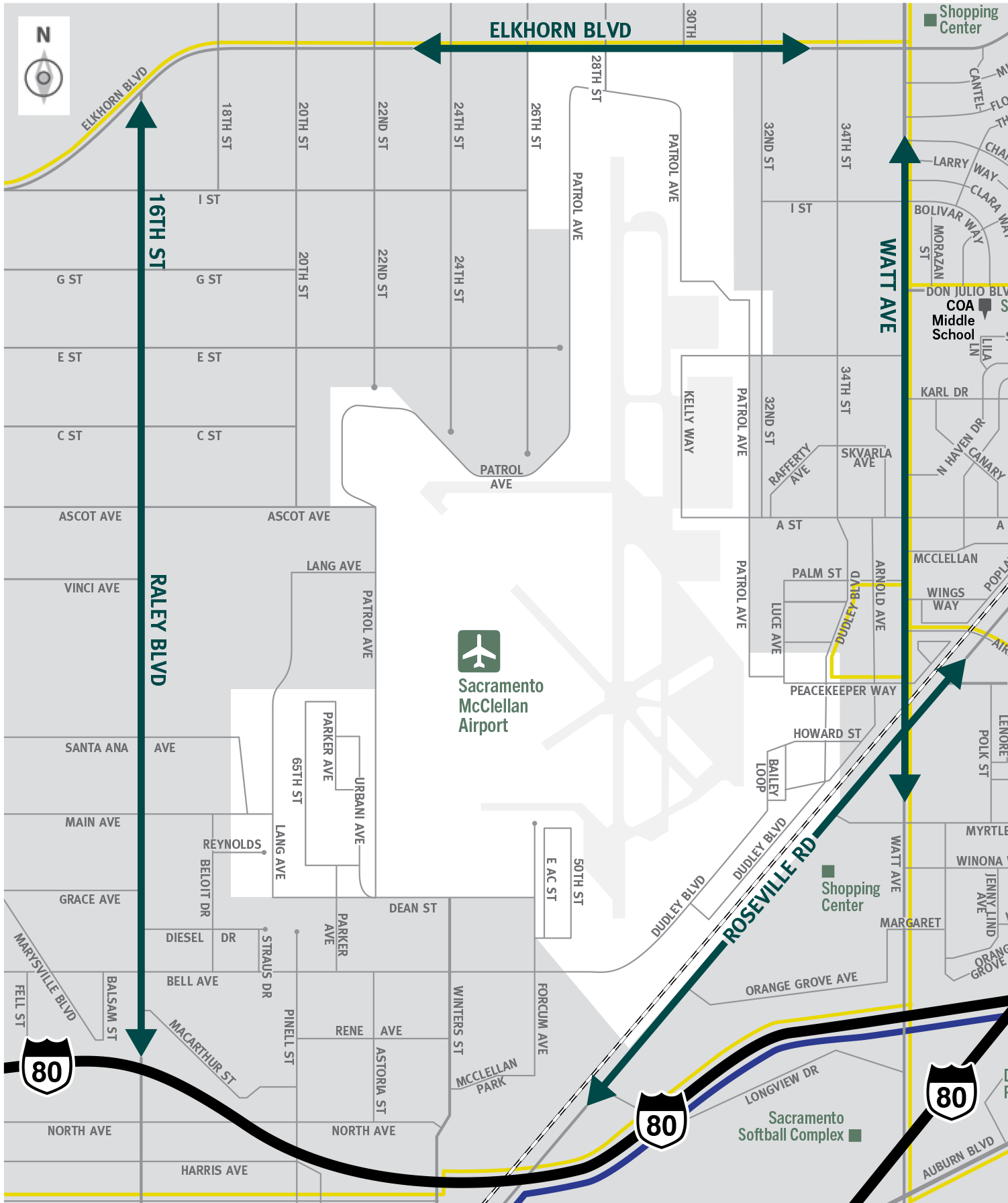 This is a map of Sacramento County evacuation zone number 15, called McClellan Airfield.  It is in the north central region of the county and encompasses all of McClellan Airfield with Patrol Road to the west, Elkhorn Boulevard to the north, Patrol Road to the east, and Roseville Road to the south.  A significant landmark within this zone is Sacramento McClellan Airport.  There is a bus route along the northern and eastern border of the zone and train tracks in the southeastern region of the zone.  Major east and west evacuation routes are Elkhorn Boulevard and Roseville Road.  North and south evacuation routes are Raley Boulevard, and Watt Avenue.