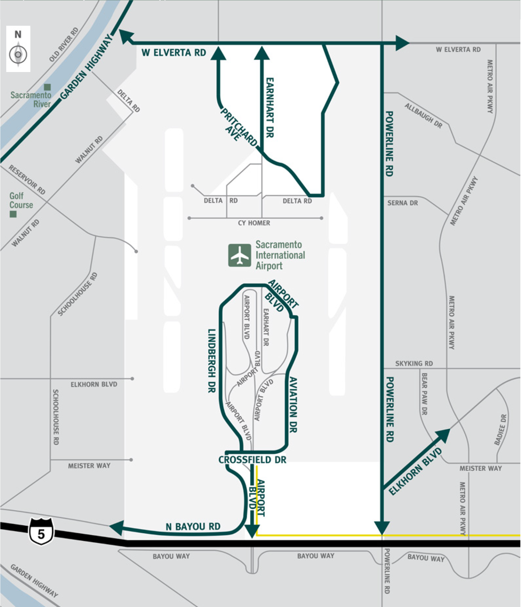 This is a map of Sacramento County evacuation zone number 16, called Sacramento International Airport.  It is in the northwest region of the county and encompasses all of Sacramento International Airport with the airport boundary fence to the west, West Elverta Road to the north, Powerline Road to the east, and interstate 5 to the south.  A significant landmark within this zone is Sacramento International Airport.  There are no train tracks or bus routes in this zone.  Major east and west evacuation routes are West Elverta Road and North Bayou Road.  North and south evacuation routes are Powerline Road, Earnhart Drive, and Pritchard Avenue.