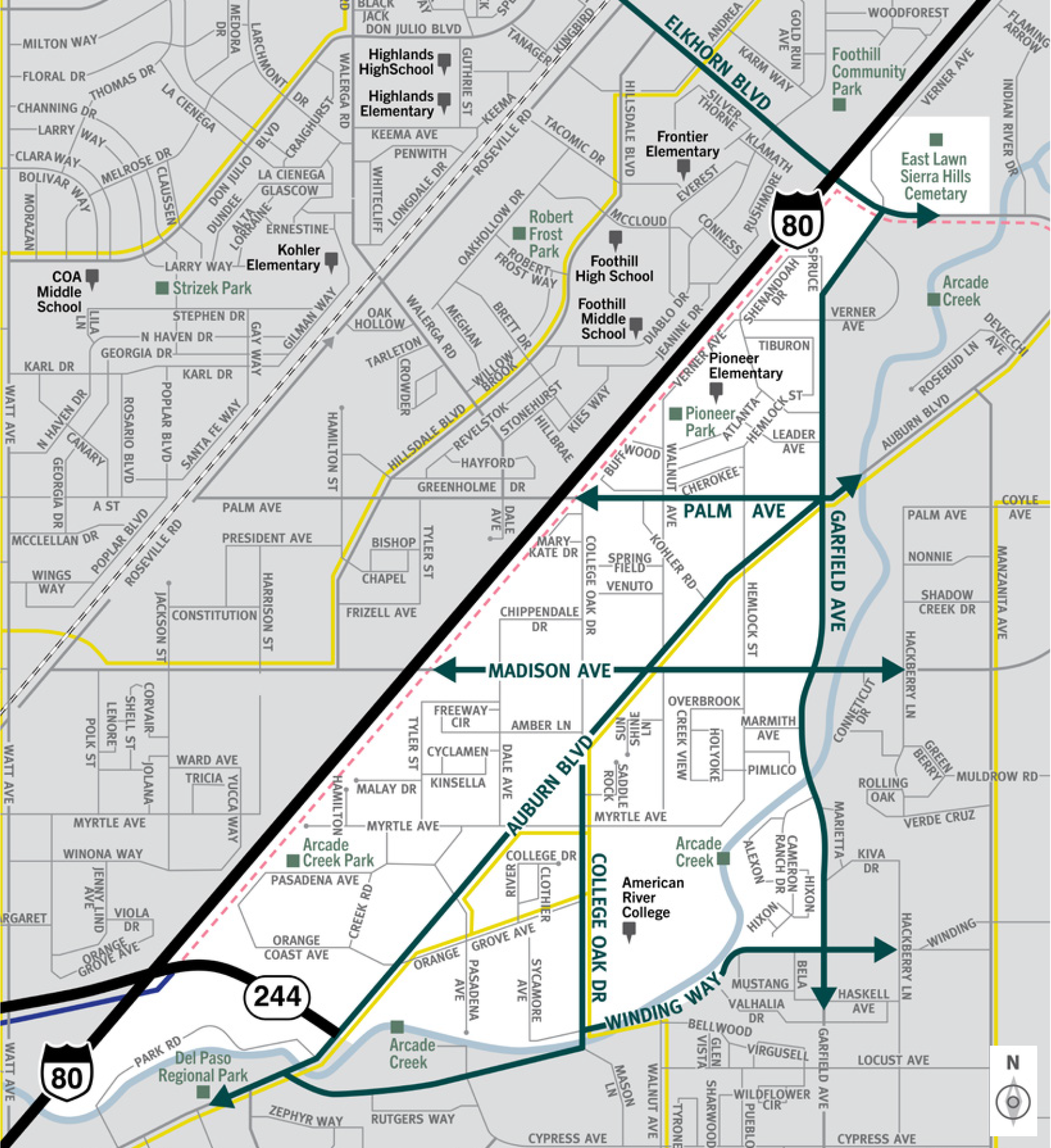 This is a map of Sacramento County evacuation zone number 13, called North Highlands.  It is in the north central region of the county and is bordered by Watt Avenue to the west, Antelope Road to the north, and Roseville Road to the east and south.  Significant landmarks within this zone are Brock Park and Strizek Park.  There are train tracks on the southern and eastern border of the zone and bus routes throughout the middle and western portion of the zone.  Major east and west evacuation routes are Antelope Road, Elkhorn Boulevard, Roseville Road, and Don Julio Boulevard.  North and south evacuation routes are Watt Avenue and Walerga Road.