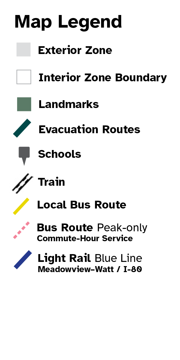 Map Legend for exterior zones, interior zone boundaries, landmarks, schools, evacuation routes, bus routes and light rail.