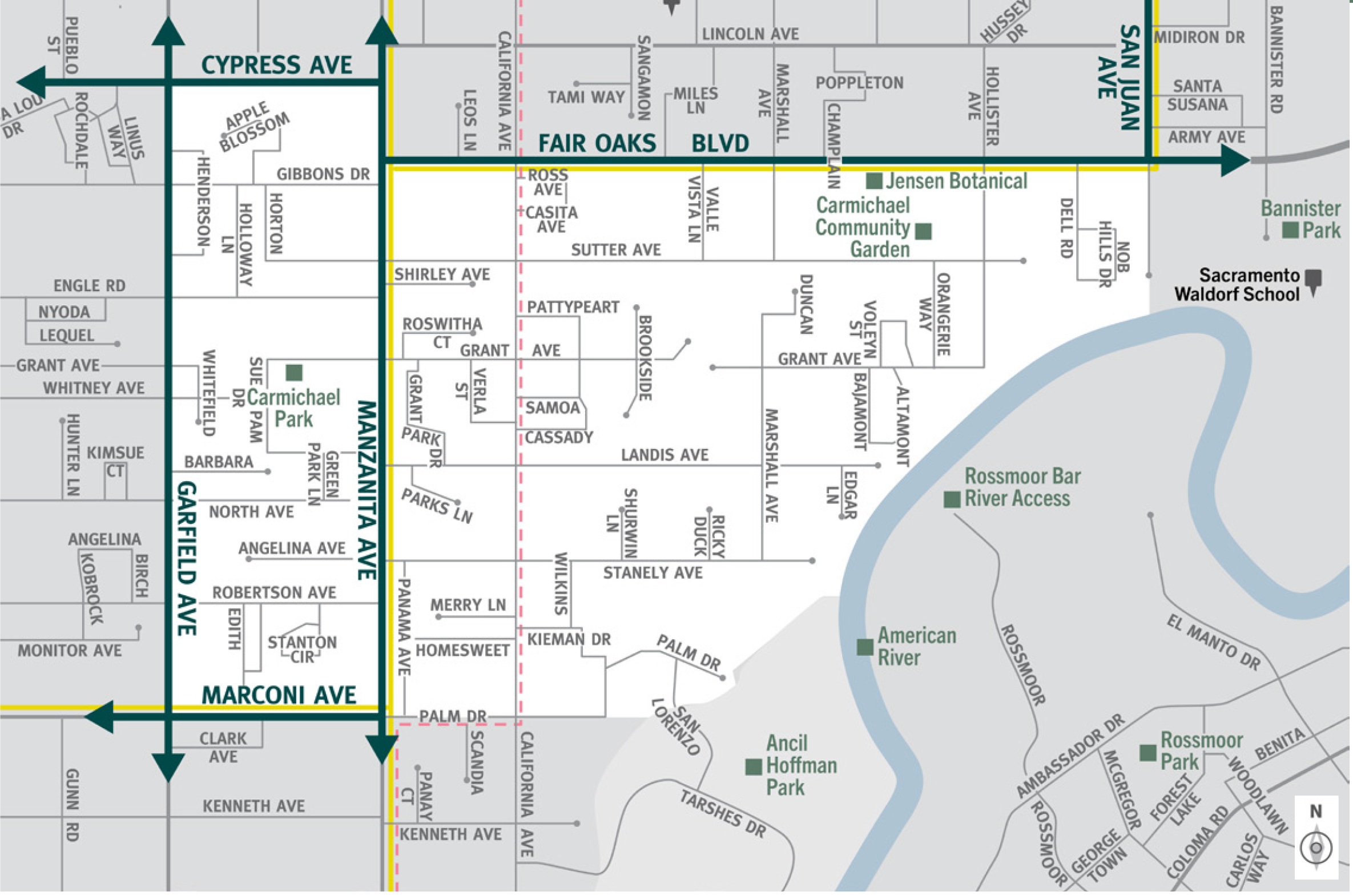 This is a map of Sacramento County evacuation zone number 22, called Northern Carmichael.  It is in the north central region of the county and is bordered by Garfield Avenue to the west, Cypress Avenue and Fair Oaks Boulevard to the north, the American River to the east, and Marconi Avenue and Palm Drive to the south. Significant landmarks within this zone are Carmichael Park, Jensen Botanical, and Carmichael Community Garden.  There are no train tracks in this zone.  There is a bus route along Fair Oaks Boulevard, Manzanita Avenue, and Marconi Avenue.  There is a peak-only bus route in the center of the zone.  Major east and west evacuation routes are Cypress Avenue, Fair Oaks Boulevard, and Marconi Avenue.  North and south evacuation routes are Garfield Avenue and Manzanita Avenue.​