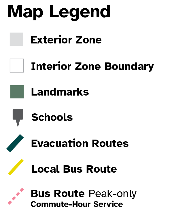 Map Legend for exterior zones, interior zone boundaries, landmarks, schools, evacuation routes, bus routes and light rail.