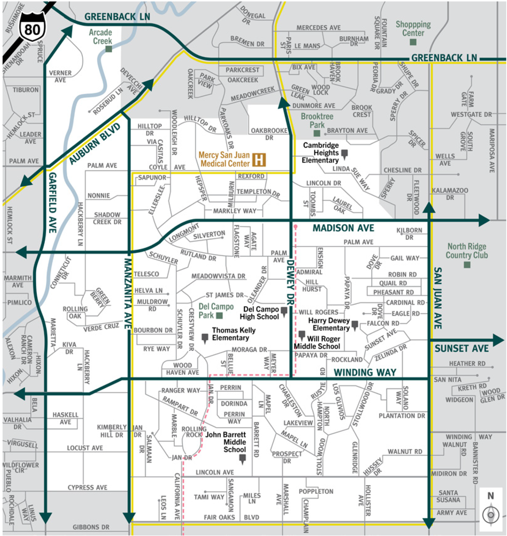 This is a map of Sacramento County evacuation zone number 23, called Del Campo.  It is in the north central region of the county and is bordered by Garfield Avenue to the west, Garfield Lane then Mercy San Juan Medical Center and Cambridge Heights Elementary School to the north, San Juan Avenue to the east, and Fair Oaks Boulevard to the south.  Significant landmarks within this zone are Arcade Creek and Del Campo Park.  There are no train tracks in this zone.  There are bus routes running north throughout the zone.  There is a peak-only bus route in the center of the zone.  Major east and west evacuation routes are Greenback Lane, Auburn Boulevard, Madison Avenue, Winding Way, and Sunset Avenue.  North and south evacuation routes are Garfield Avenue, Manzanita Avenue, Dewey Drive, San Juan Avenue.