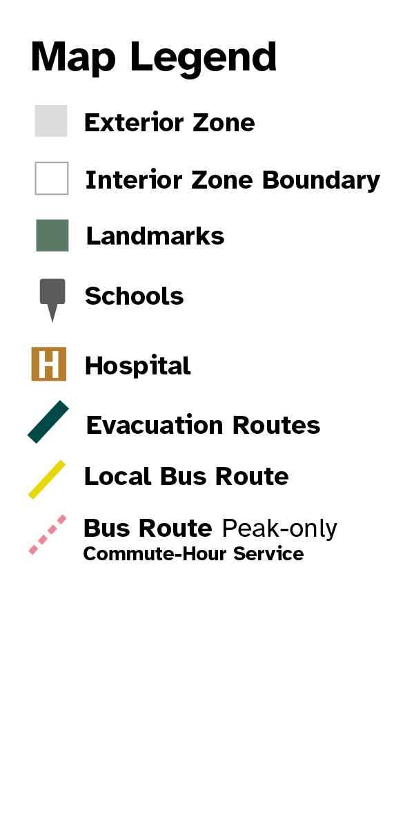 Map Legend for exterior zones, interior zone boundaries, landmarks, schools, evacuation routes, bus routes and light rail.