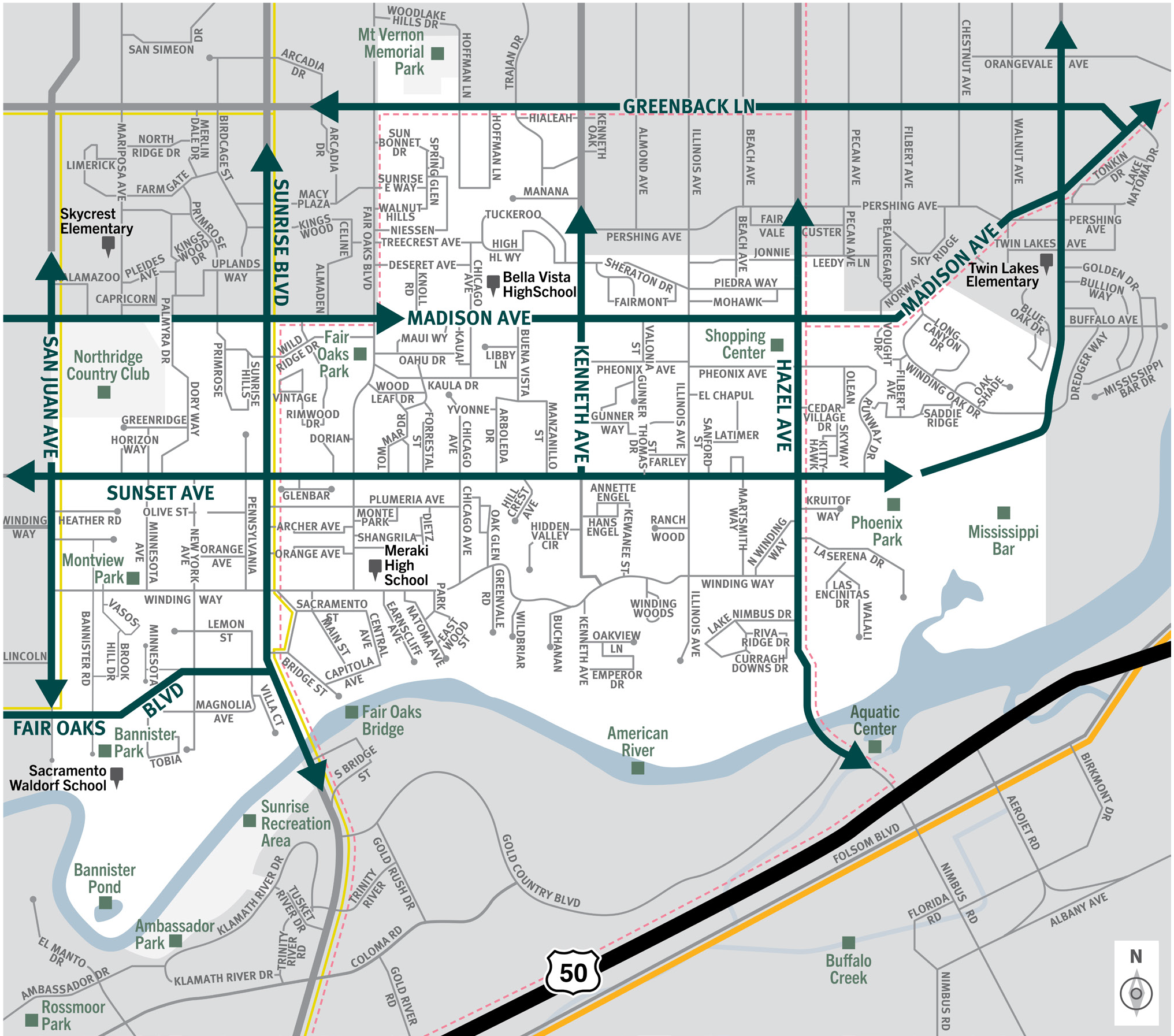 This is a map of Sacramento County evacuation zone number 31, called Fair Oaks.  It is in the northeast region of the county and is bordered by San Juan Avenue to the west, Madison Avenue and Mt. Vernon Memorial Park to the north, Mississippi Bar to the east, and American River to the south.  Significant landmarks within this zone are the Northridge Country Club, Montview Park, Fair Oaks Park, Banister Pond, Fair Oaks Bridge, the American River, Mississippi bar, and Phoenix Park.  There are no train tracks in this zone.  There are bus routes in the western area of this zone.  There are peak-only bus routes in the west and east side of the zone.  Major east and west evacuation routes are Greenback Lane, Madison Avenue, Sunset Avenue, and Fair Oaks Boulevard.  North and south evacuation routes are San Juan Avenue, Sunrise Boulevard, Kenneth Avenue, and Hazel Avenue.