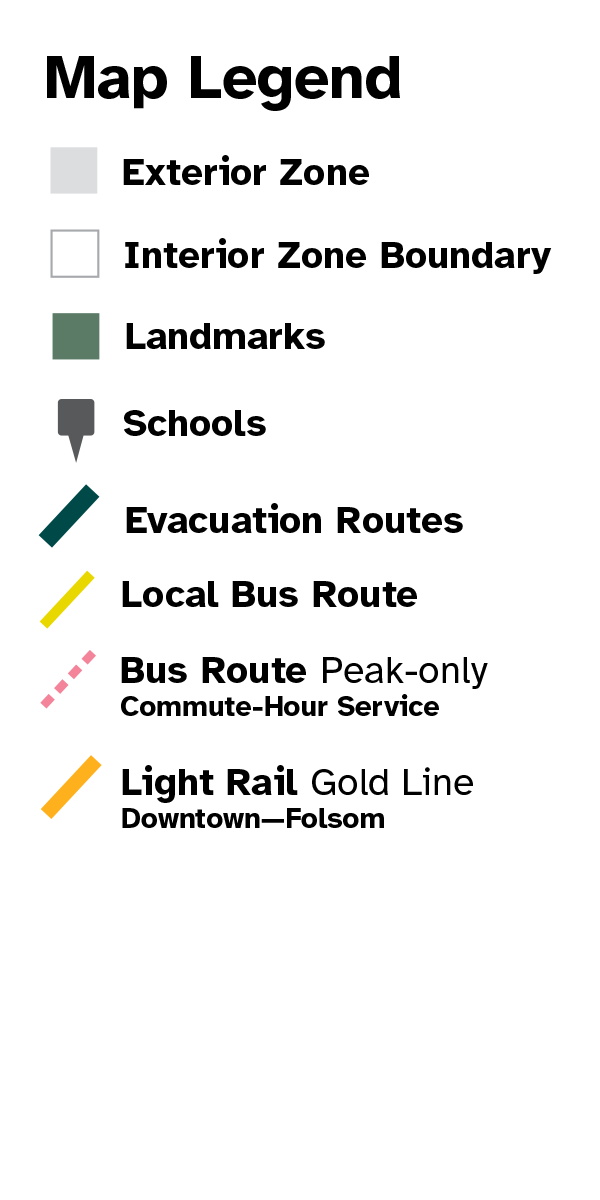 Map Legend for exterior zones, interior zone boundaries, landmarks, schools, evacuation routes, bus routes and light rail.