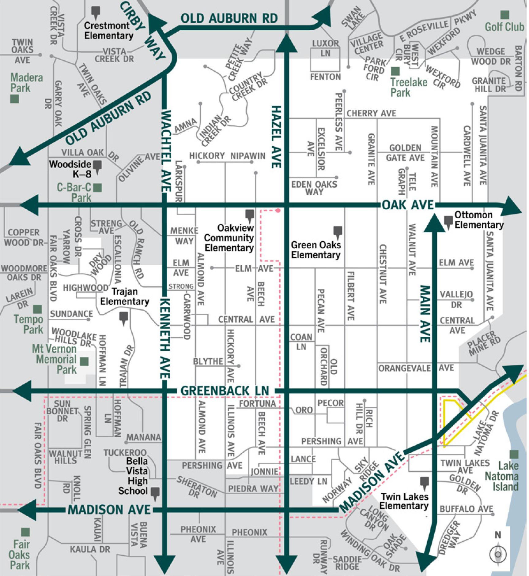 This is a map of Sacramento County evacuation zone number 32, called Orangevale.  It is in the northeast region of the county and is bordered by Kenneth Avenue and Wachtel Avenue to the west, Old Auburn Road and Treelake Park to the north, Santa Juanita Avenue to the east, and Madison Avenue to the south.  Significant landmarks within this zone are Treelake park and Lake Natoma Island.  There are no train tracks in this zone.  There is a bus route in the south east area of this zone.  There are multiple peak-only bus routes in the central and southern part of this zone.  Major east and west evacuation routes are Old Auburn Road, Oak Avenue, Greenback Lane, and Madison Avenue.  North and south evacuation routes are Wachtel Avenue, Kenneth Ave, Hazel Avenue, and Main Avenue.