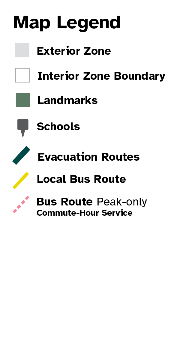 Map Legend for exterior zones, interior zone boundaries, landmarks, schools, evacuation routes, bus routes and light rail.