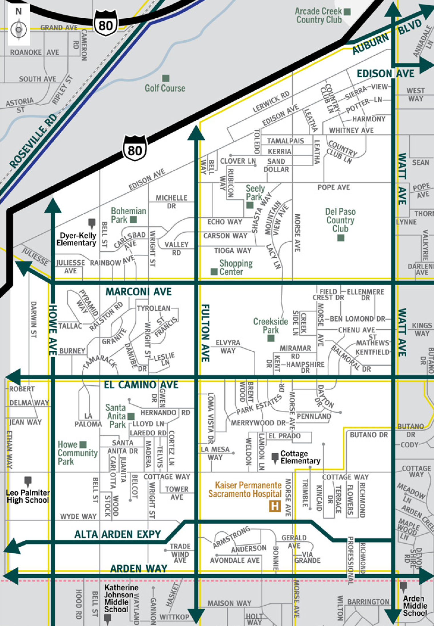 This is a map of Sacramento County evacuation zone number 41, called Northwest Arden Arcade.  It is in the central region of the county and is bordered by Ethan Way to the west, Interstate 80 to the north, Watt Avenue to the east, and Arden Way to the south.  Significant landmarks within this zone are Bohemian Park, Santa Anita Park, Howe Community Park, Creekside Park, Seely Park, and the Del Paso Country Club.  There are no train tracks in this zone.  There are bus routes throughout the zone.  Major east and west evacuation routes are Marconi Avenue, El Camino Avenue, Alta Arden Expressway, and Arden Way.  North and south evacuation routes are Howe Avenue, Fulton Avenue, and Watt Avenue.