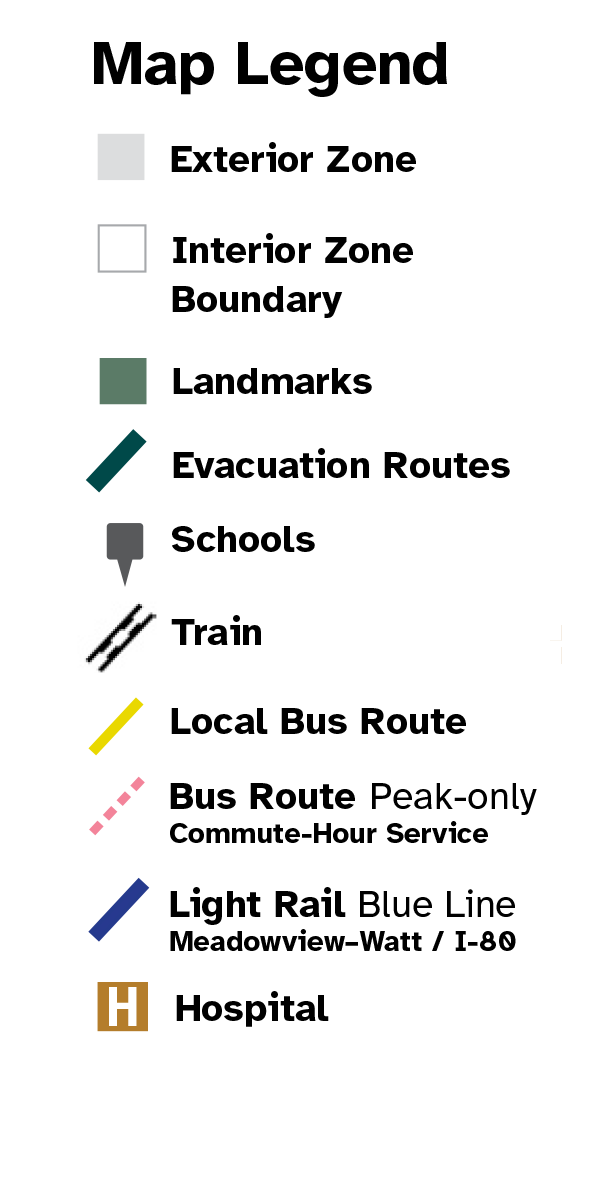 Map Legend for exterior zones, interior zone boundaries, landmarks, schools, evacuation routes, bus routes and light rail.