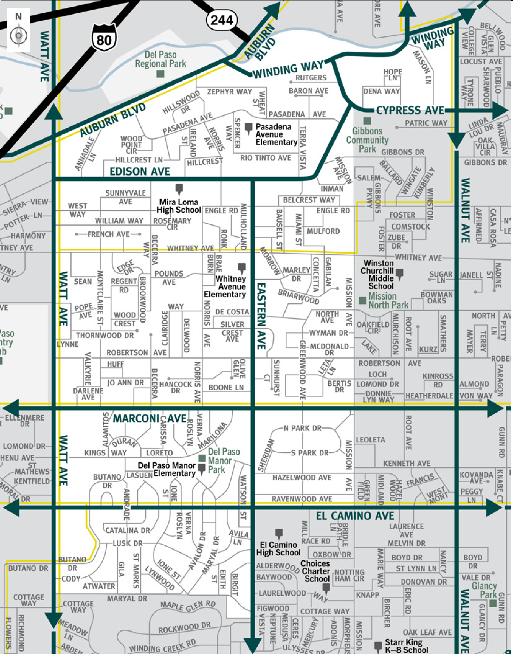 This is a map of Sacramento County evacuation zone number 42, called Northeast Arden Arcade.  It is in the northern central region of the county and is bordered by Watt Avenue to the west, Auburn Boulevard and Winding Way to the North, Mission Avenue to the east, and El Camino Avenue to the south.  ­­ Significant landmarks within this zone are Gibbons Community Park, Mission North Park, and Del Paso Manor Park.  There are no train tracks in this region.  There are bus routes throughout the zone.  Major east and west evacuation routes are Auburn Boulevard, Edison Avenue, Winding Way, Cypress Avenue, Marconi Avenue, and El Camino Avenue.  North and south evacuation routes are Watt Avenue, Eastern Avenue, and Walnut Avenue.