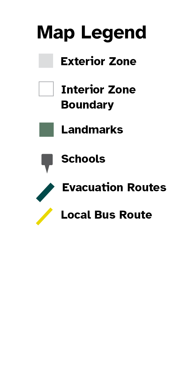 Map Legend for exterior zones, interior zone boundaries, landmarks, schools, evacuation routes, bus routes and light rail.