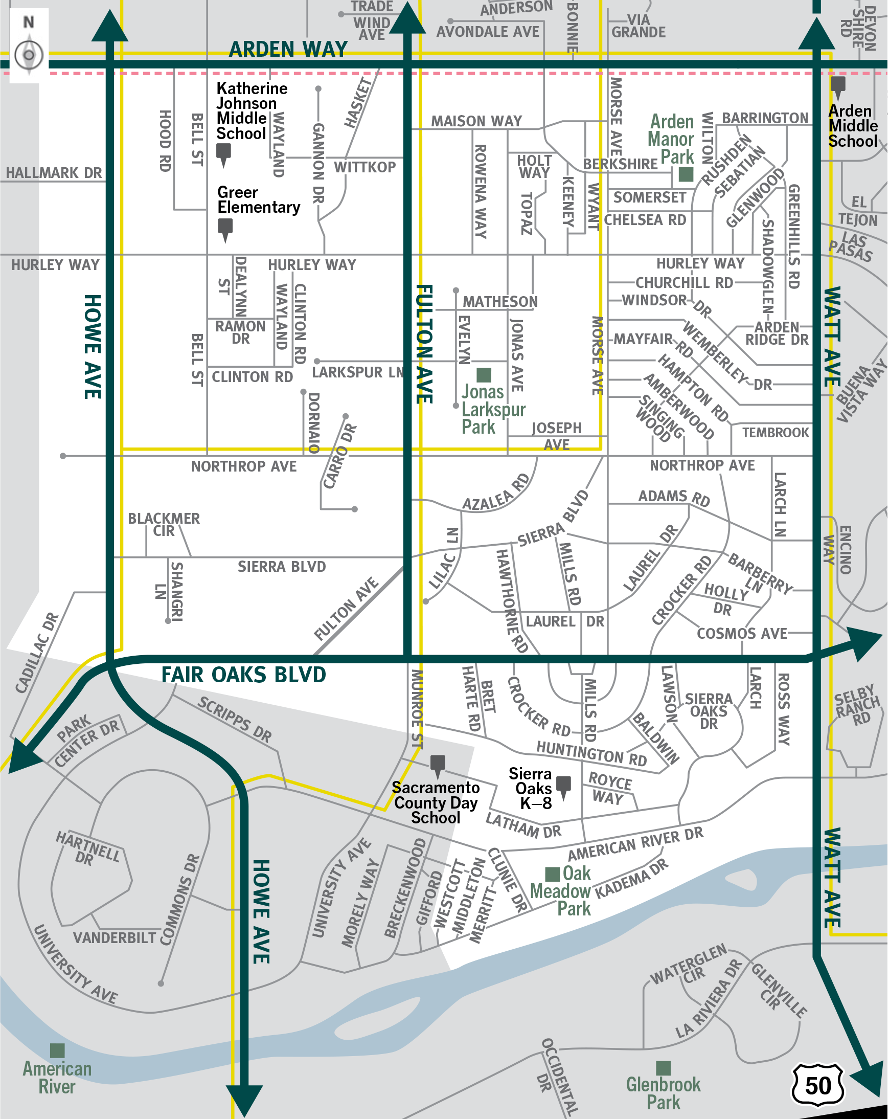 This is a map of Sacramento County evacuation zone number 43, called Southwest Arden Arcade.  It is in the central region of the county and is bordered by Howe Avenue to the west, Arden Way to the north, Watt Avenue to the east, and the American River to the south.  Significant landmarks within this zone are Arden Manor Park, Jonas Larkspur Park, and Oak Meadow Park.  There are no train tracks in this zone.  There are bus routes located throughout the zone.  Major east and west evacuation routes are Arden Way and Fair Oaks Boulevard.  North and south evacuation routes are Howe Avenue, Fulton Avenue, and Watt Avenue.