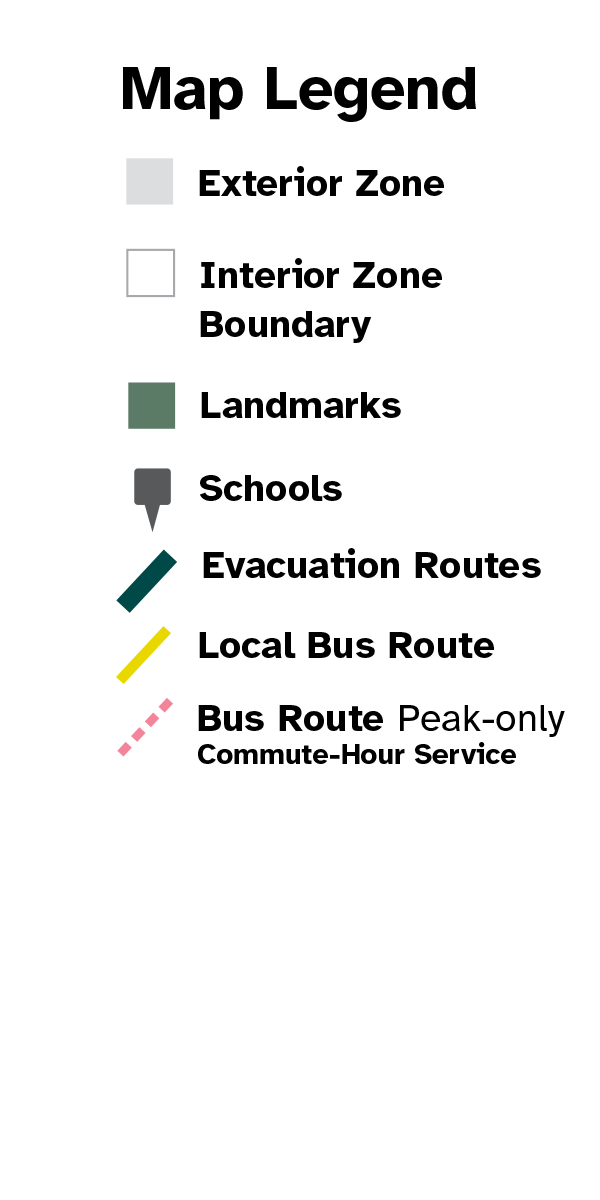 Map Legend for exterior zones, interior zone boundaries, landmarks, schools, evacuation routes, bus routes and light rail.