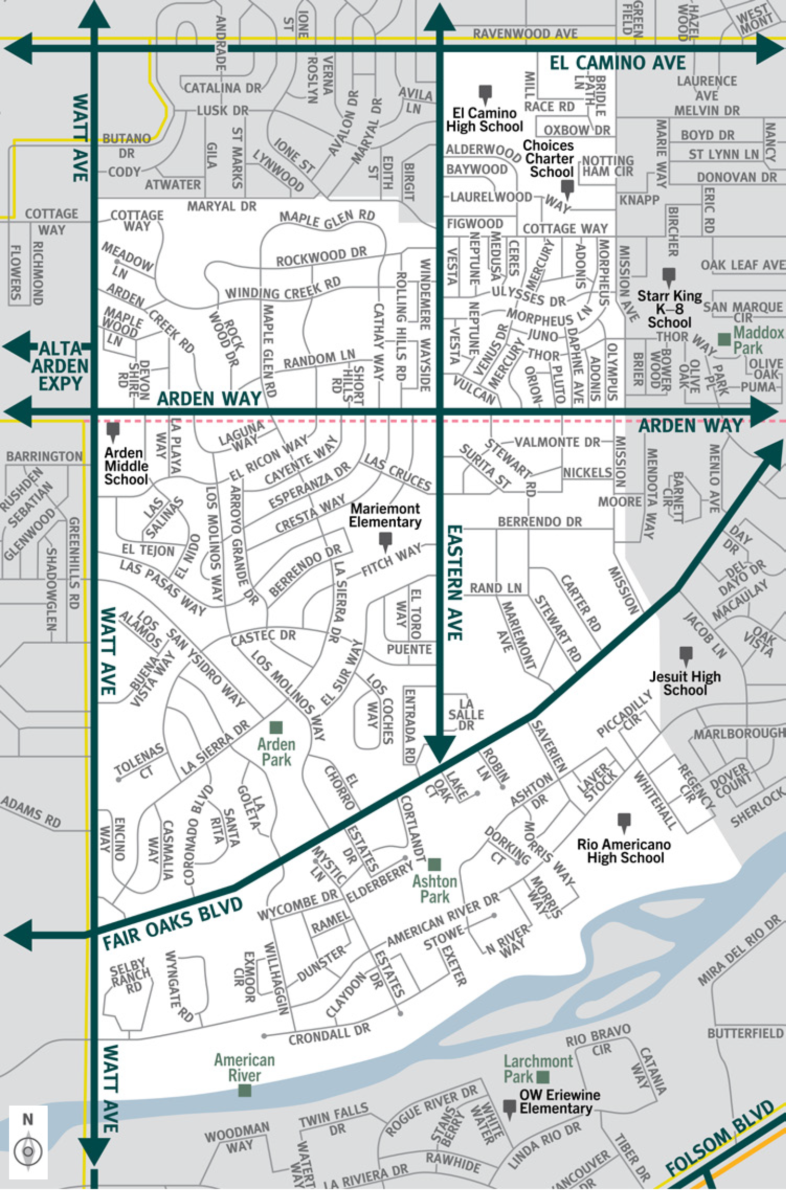 This is a map of Sacramento County evacuation zone number 44, called Southeast Arden Arcade.  It is in the central region of the county and is bordered by Watt Avenue to the west, El Camino Avenue and Maryal Drive to the north, Mission Avenue to the east, and the American River to the south.  Significant landmarks within this zone are Arden Park, the American River, and Ashton Park.  There are no train tracks in this zone.  There is a bus route along the west and north borders of the zone.  There is a peak-only bus route along Arden Way in the middle of the zone. Major east and west evacuation routes are El Camino Avenue, Arden Way, and fair Oaks Boulevard.  North and south evacuation routes are Watt Avenue and Eastern Avenue.​