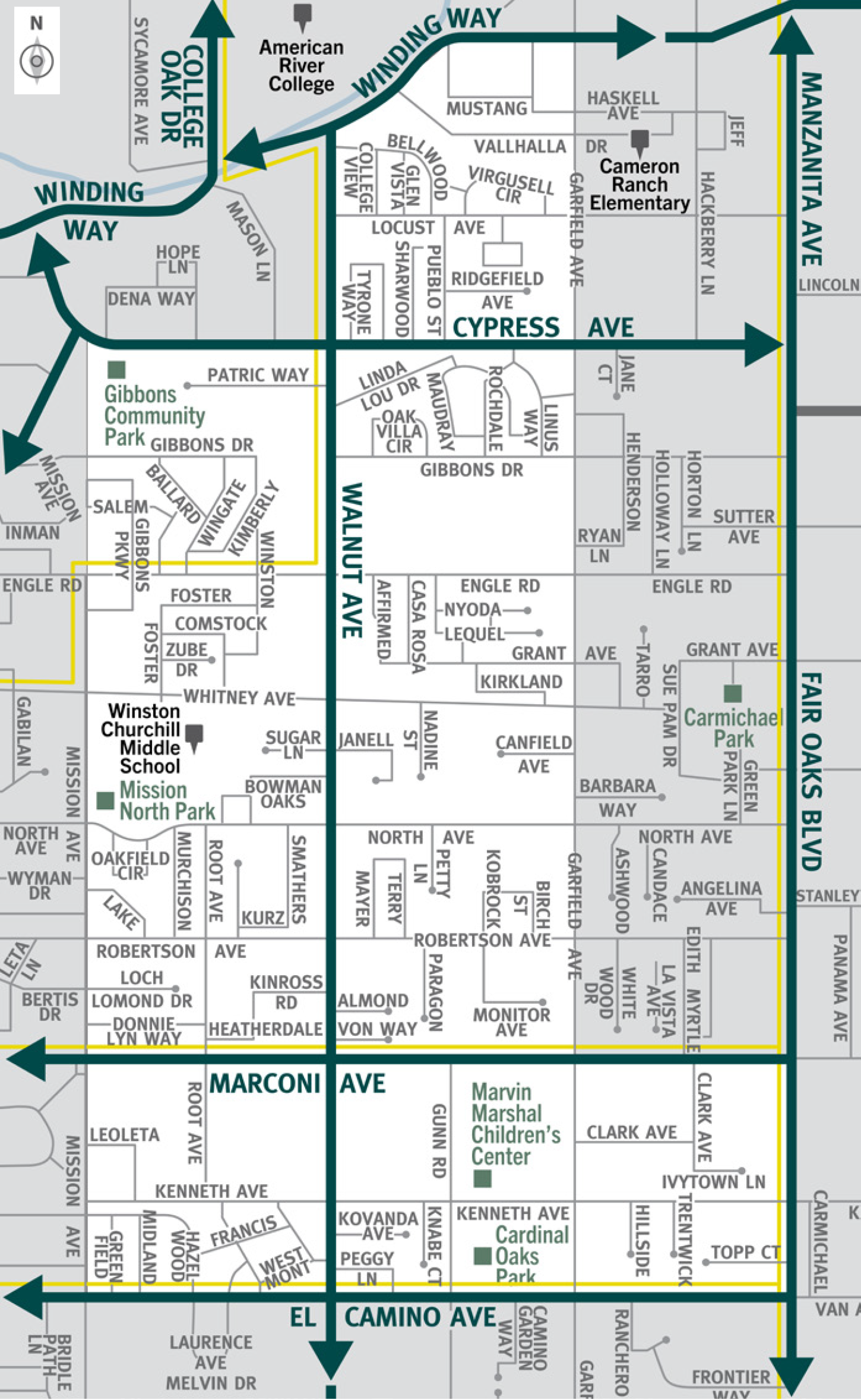This is a map of Sacramento County evacuation zone number 45, called West Carmichael.  It is in the central northern region of the county and is bordered by Mission Avenue to the west, Winding Way to the north, Fair Oaks Boulevard to the east, and El Camino Avenue to the south.  Significant landmarks within this zone are Gibbons Community Park, Mission North Park, Cardinal Oaks Park, and Marvin Marshal Children's Center.  There are no train tracks in this zone.  There are bus routes in the east, south, and northwest area of this zone.  Major east and west evacuation routes are Winding Way, Cypress Avenue, Marconi Avenue, and El Camino Avenue.  North and south evacuation routes are Walnut Avenue, Fair Oaks Boulevard, and Manzanita Avenue.​