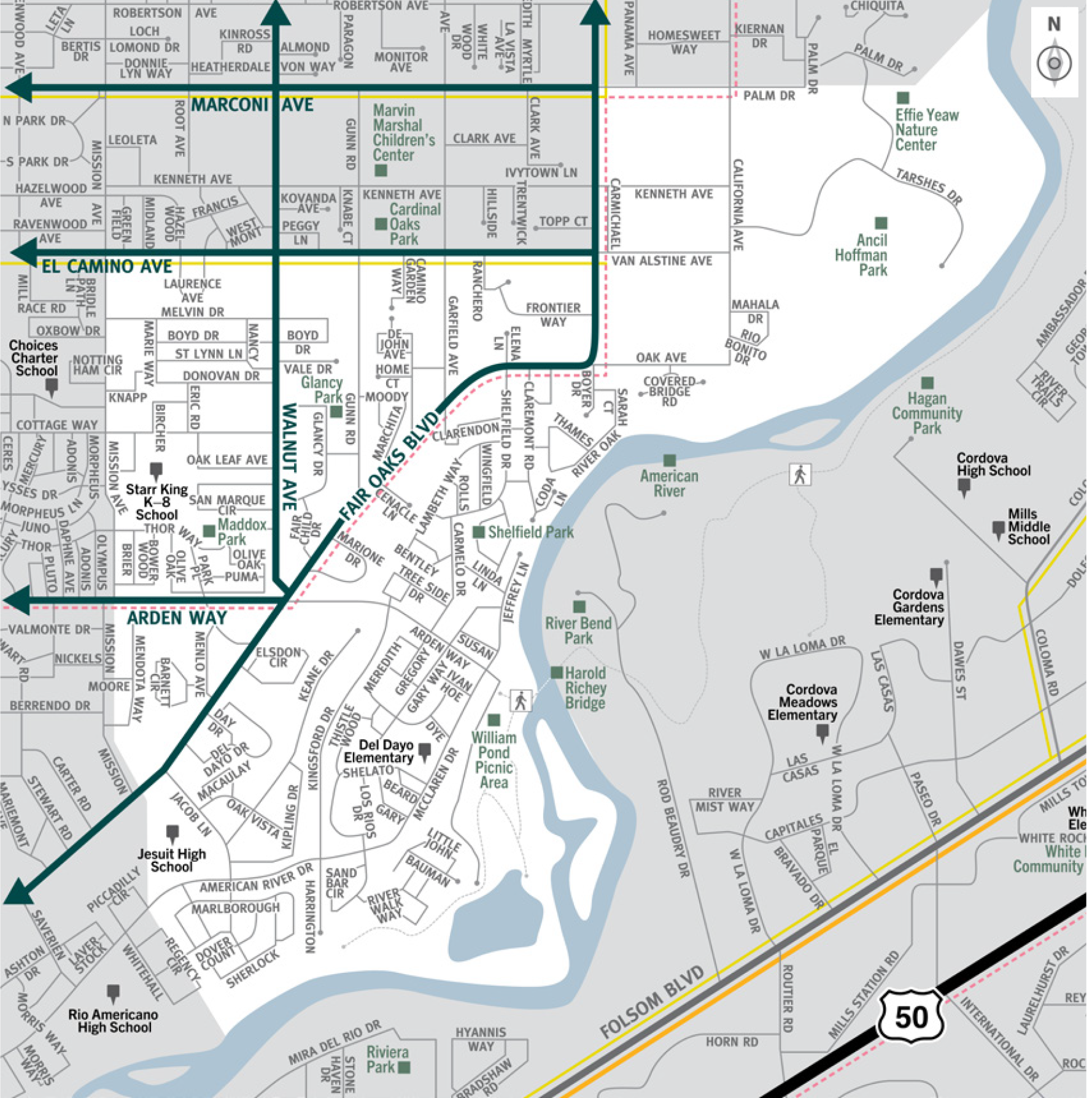 This is a map of Sacramento County evacuation zone number 46, called South Carmichael.  It is in the central region of the county and is bordered by Mission Avenue to the west, Palm Drive and El Camino Avenue to the north, and the American River to the east and south.  Significant landmarks within this zone are Maddox Park, William Pond Picnic Area, Shelfield Park, Ancil Hoffman Park, Effie Yeaw Nature Center, and the American River.  There are no train tracks in this zone.  There is one bus route in the northwest area of the zone and a Peak-Only bus route along Arden Way and Fair Oaks Boulevard.  Major east and west evacuation routes are El Camino Avenue, Arden Way, and Fair Oaks Boulevard.  North and south evacuation routes are Walnut Avenue and Fair Oaks Boulevard.