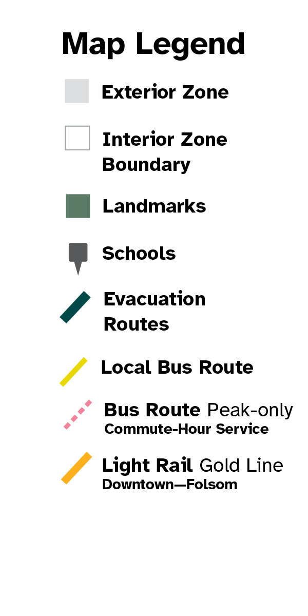 Map Legend for exterior zones, interior zone boundaries, landmarks, schools, evacuation routes, bus routes and light rail.