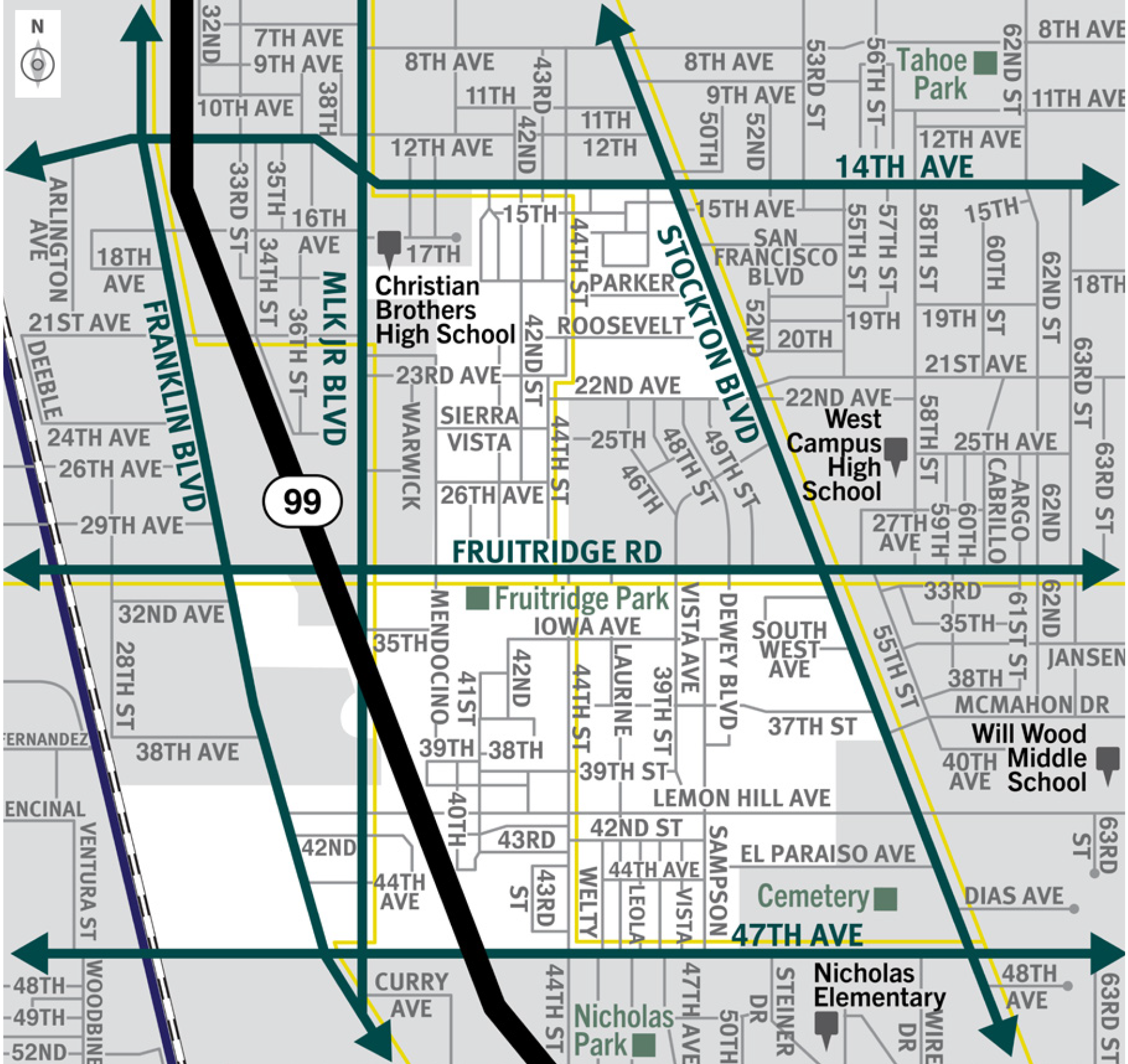 This is a map of Sacramento County evacuation zone number 61, called Fruitridge and South Oak Park.  It is in the western region of the county and is bordered by Martin Luther King Junion Boulevard to the east, 14th Avenue to the north, Stockton Boulevard to the east, and 47th Avenue to the south.  Significant landmarks within this zone are Christian Brothers High School and Fruitridge Park.  There are train tracks in the southwest area of the zone.  There are bus routes throughout the zone.  Major east and west evacuation routes are 14th Avenue, Fruitridge Road, and 47th Avenue.  North and south evacuation routes are Highway 99, Martin Luther King Junior Boulevard and Stockton Boulevard.