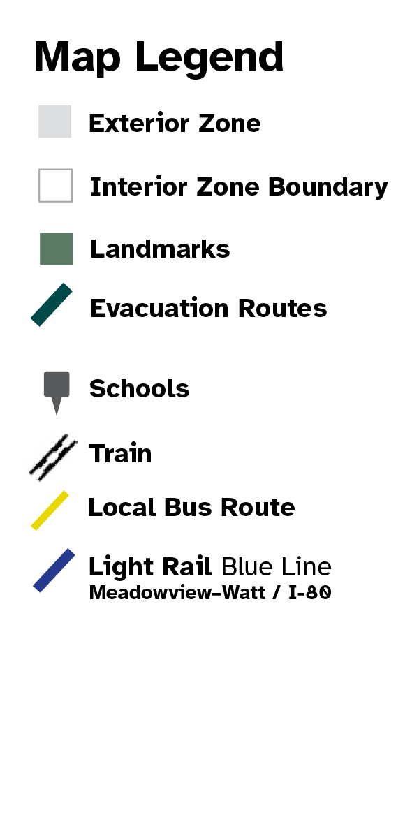 Map Legend for exterior zones, interior zone boundaries, landmarks, schools, evacuation routes, bus routes and light rail.