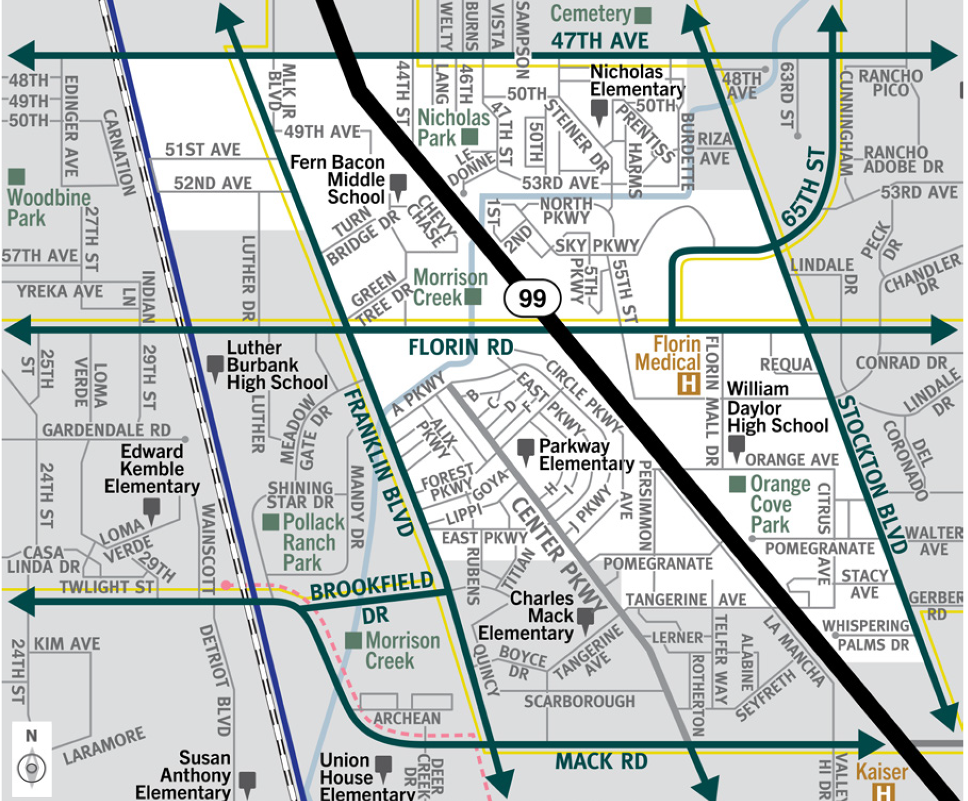 This is a map of Sacramento County evacuation zone number 62, called Parkway.  It is in the western region of the county and is bordered by Franklin Boulevard to the west, 47th Avenue to the north, Stockton Boulevard to the east, and Tangerine Avenue to the south.  Significant landmarks within this zone are Morrison Creek, Nicholas Park, and Orange Cove Park.  There are train tracks and a light rail on the northwest border of the zone.  There are bus routes in the north, west and middle portions of the zone.  Major east and west evacuation routes are 47th Avenue and Florin Road.  North and south evacuation routes are Highway 99, Franklin Boulevard, and Stockton Boulevard.