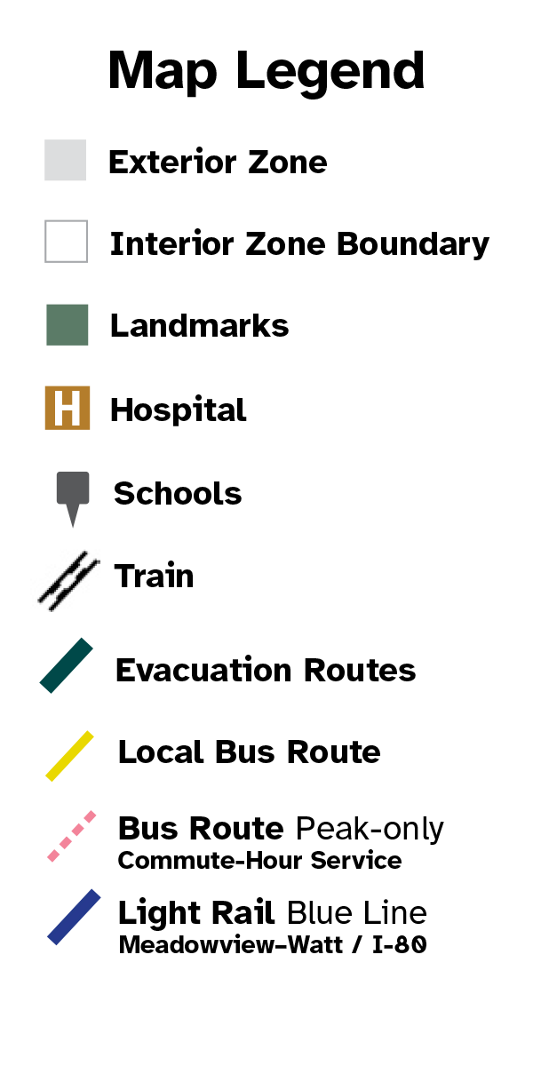 Map Legend for exterior zones, interior zone boundaries, landmarks, schools, evacuation routes, bus routes and light rail.