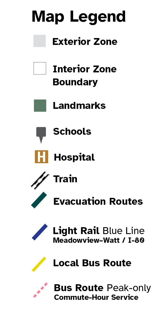 Map Legend for exterior zones, interior zone boundaries, landmarks, schools, evacuation routes, bus routes and light rail.