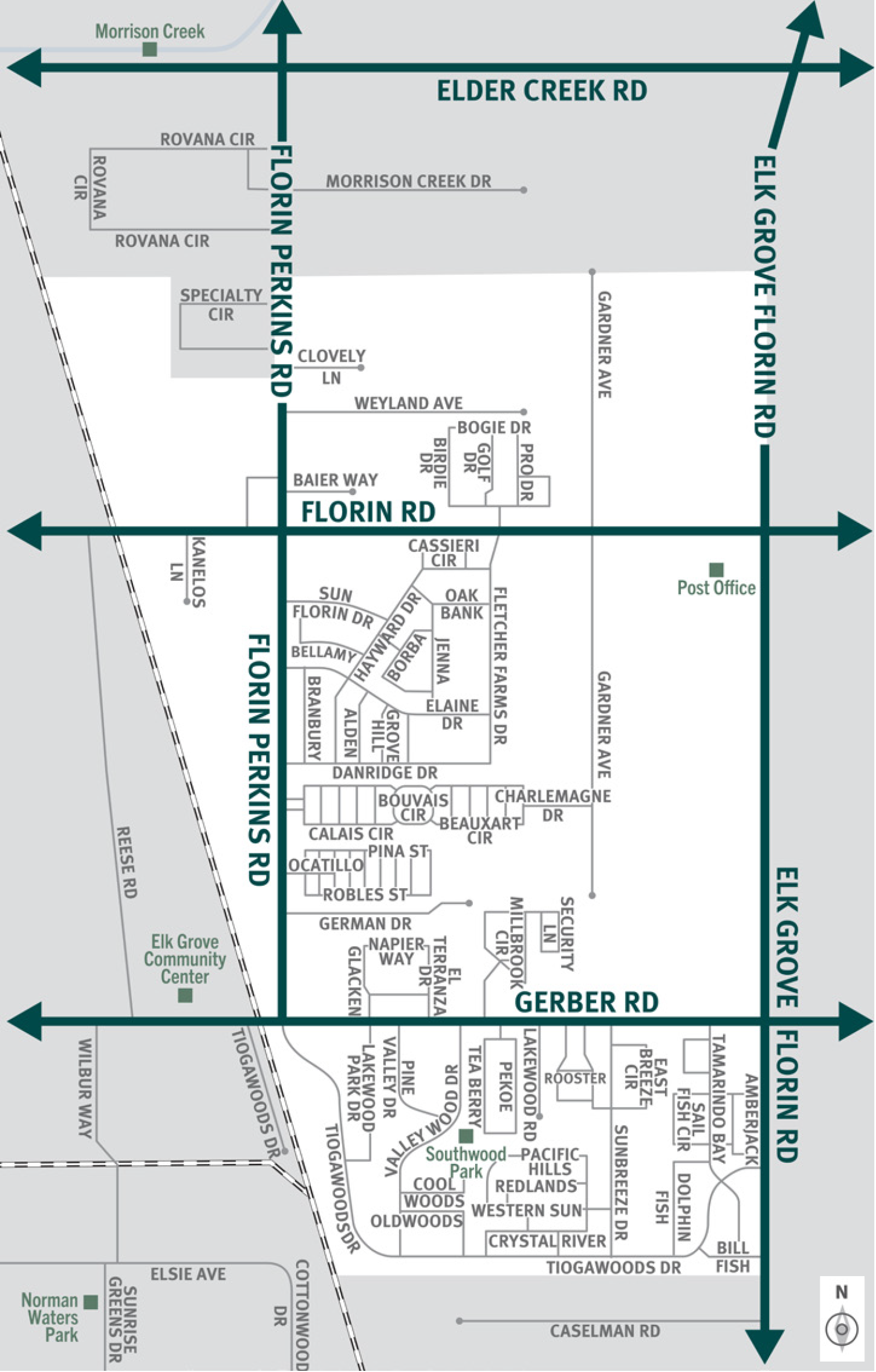 This is a map of Sacramento County evacuation zone number 64, called East Florin.  It is in the central region of the county and is bordered by Tiogawoods Drive and train tracks to the west, Elder Creek Road to the north, Elk Grove Florin Road to the east, and Tiogawoods Drive to the south.  Significant landmarks within this zone are the Post Office and Southwood Park.  There are train tracks along the western border of this zone.  There are no bus routes in this zone.  Major east and west evacuation routes are Florin Road and Gerber Road.  North and south evacuation routes are Florin Perkins Road and Elk Grove Florin Road.