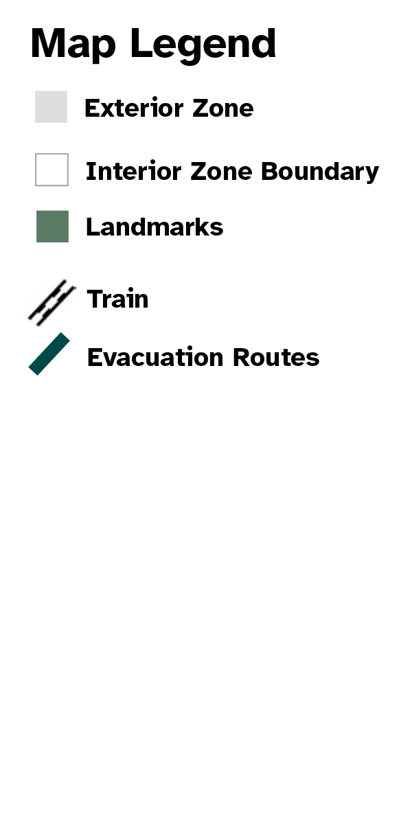 Map Legend for exterior zones, interior zone boundaries, landmarks, schools, evacuation routes, bus routes and light rail.