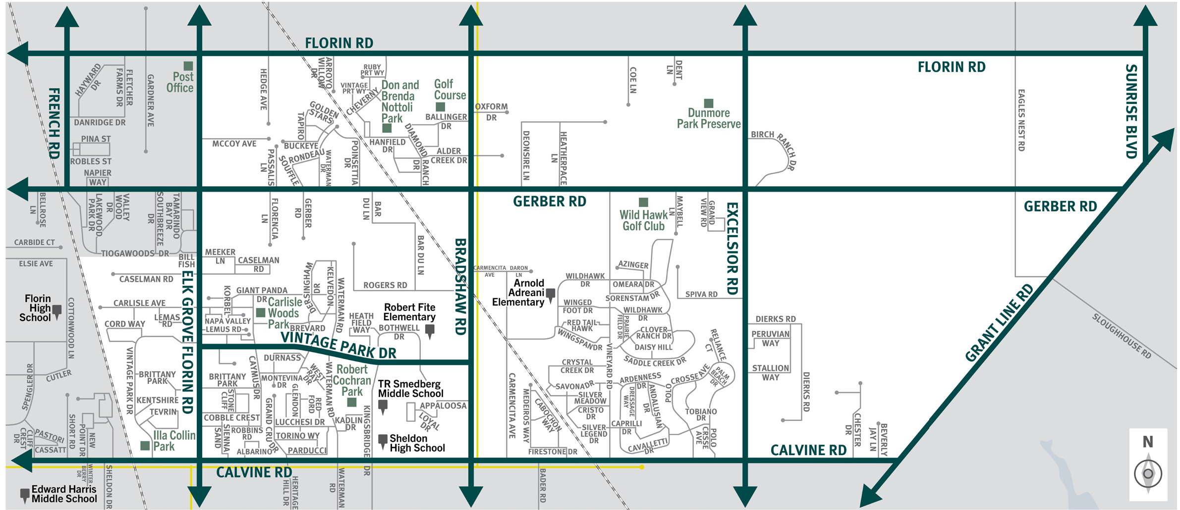 This is a map of Sacramento County evacuation zone number 65, called Vineyard.  It is in the central region of the county and is bordered by Elk Grove Florin Road to the west, Florin Road to the north, Grant Line Road, and Sunrise Boulevard to the west, and Calvine Road to the south.  Significant landmarks within this zone are Don and Brenda Nottoli Park, the golf course, Dunmore Park Preserve, Wild Hawk Golf Club, Carlisle Woods Park, Illa Collin Park, and Robert Cochran Park.  There are train tracks along the southwest border and in the center of this zone.  There are bus routes in the center and southern border of this zone.  Major east and west evacuation routes are Florin Road, Gerber Road, Vintage Park Drive, and Calvine Road.  North and south evacuation routes are Elk Grove Florin Road, Bradshaw Road, Excelsior Road, Grant Line Road, and Sunrise Boulevard.